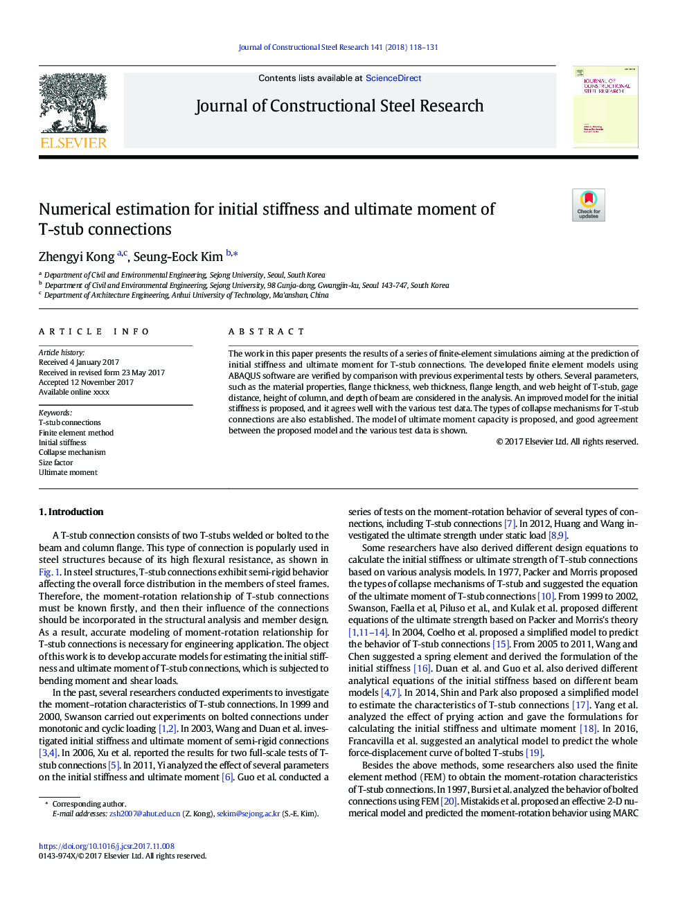 Numerical estimation for initial stiffness and ultimate moment of T-stub connections