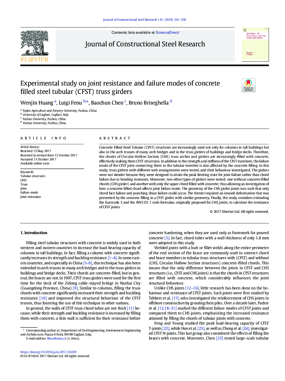 Experimental study on joint resistance and failure modes of concrete filled steel tubular (CFST) truss girders