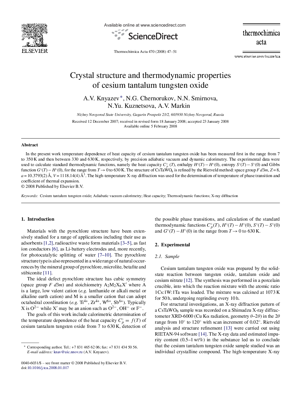 Crystal structure and thermodynamic properties of cesium tantalum tungsten oxide