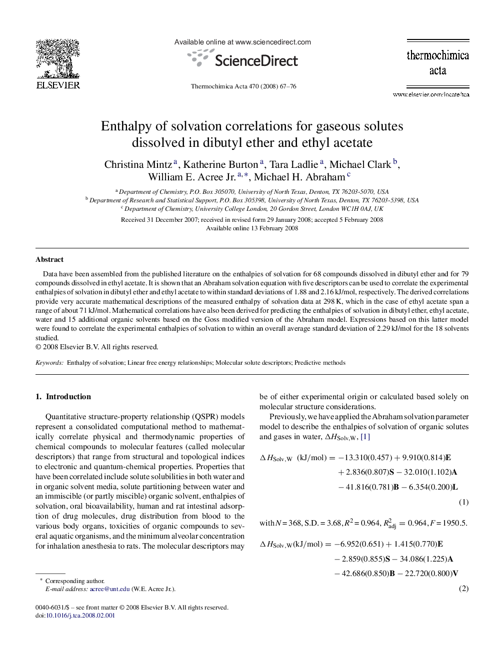 Enthalpy of solvation correlations for gaseous solutes dissolved in dibutyl ether and ethyl acetate