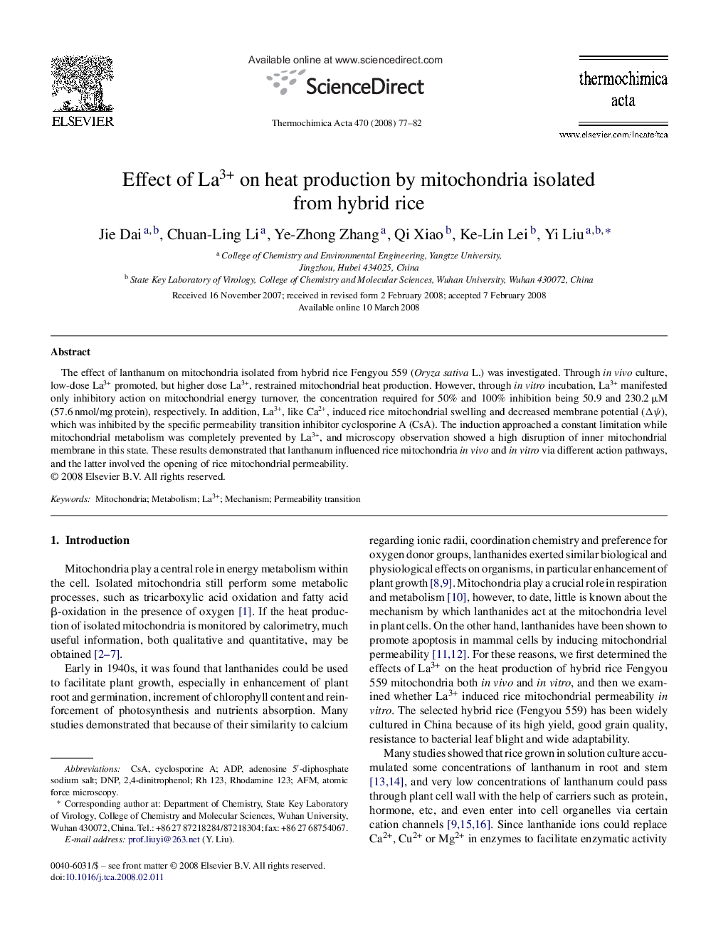 Effect of La3+ on heat production by mitochondria isolated from hybrid rice