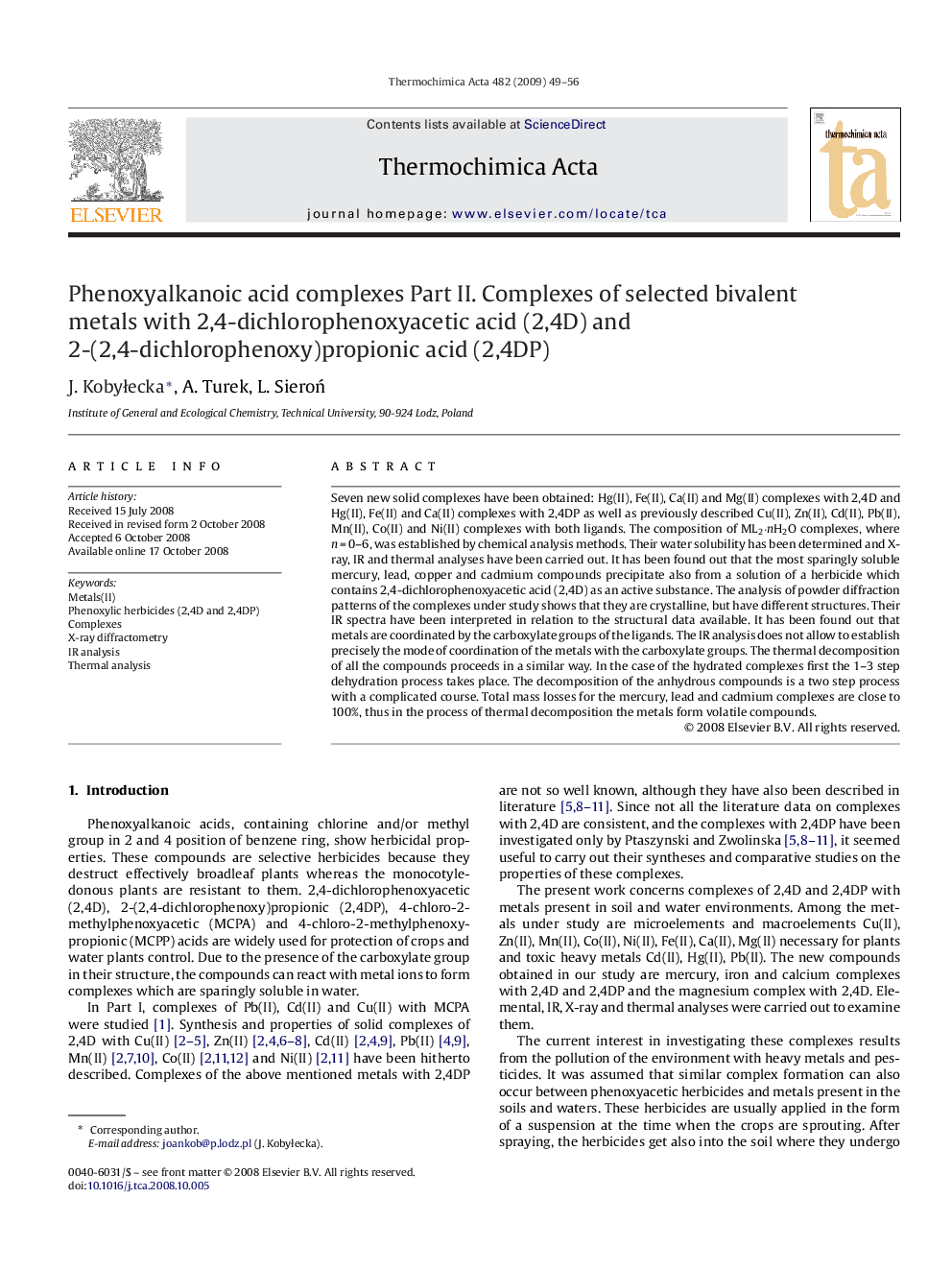 Phenoxyalkanoic acid complexes: Part II. Complexes of selected bivalent metals with 2,4-dichlorophenoxyacetic acid (2,4D) and 2-(2,4-dichlorophenoxy)propionic acid (2,4DP)