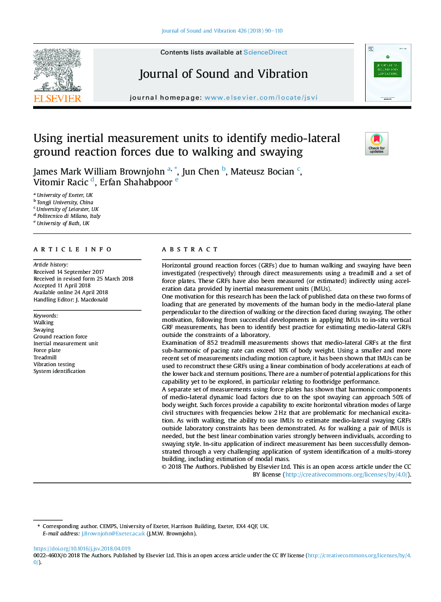 Using inertial measurement units to identify medio-lateral ground reaction forces due to walking and swaying