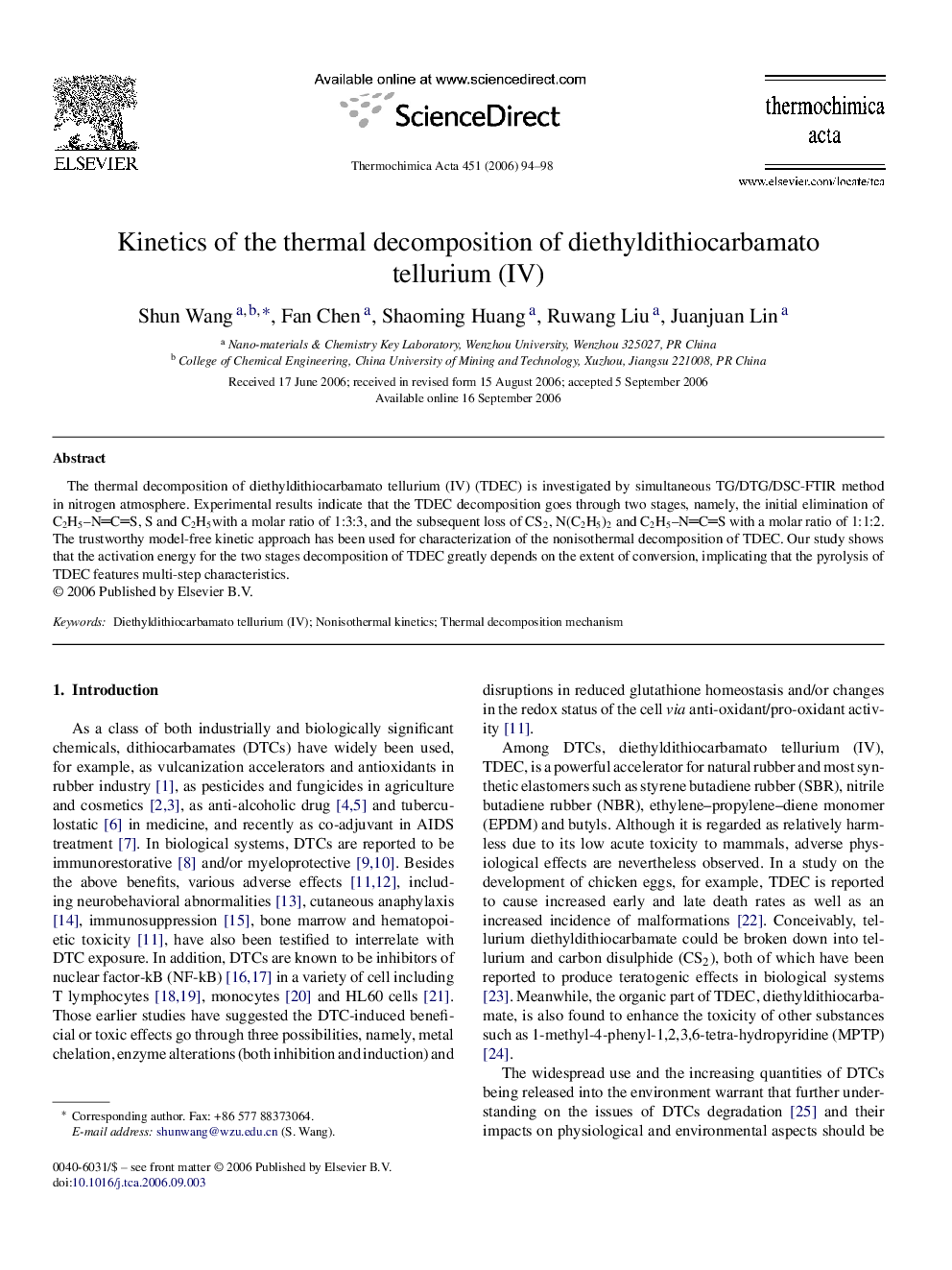 Kinetics of the thermal decomposition of diethyldithiocarbamato tellurium (IV)