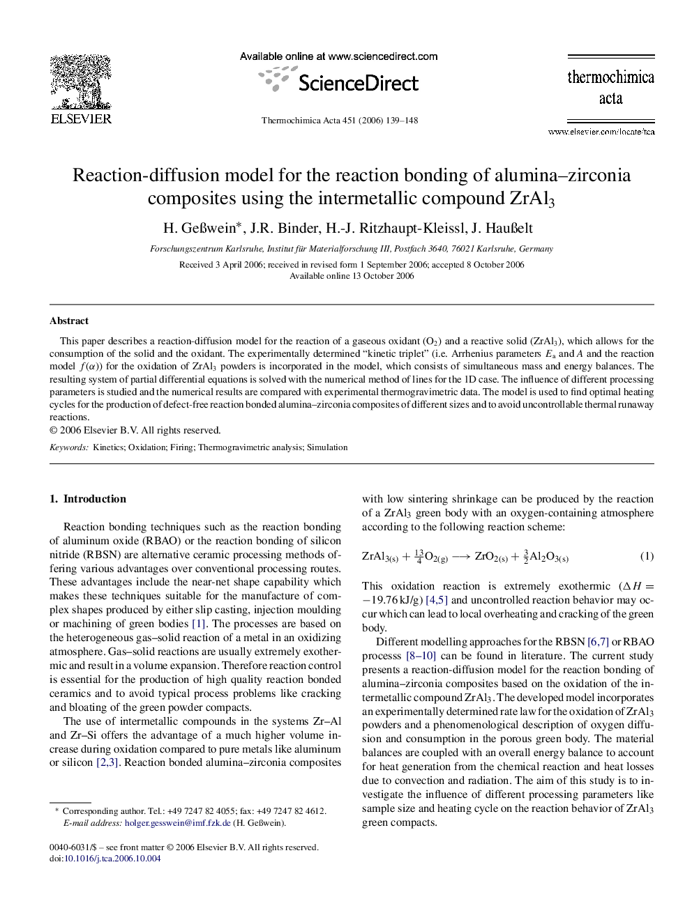 Reaction-diffusion model for the reaction bonding of alumina-zirconia composites using the intermetallic compound ZrAl3