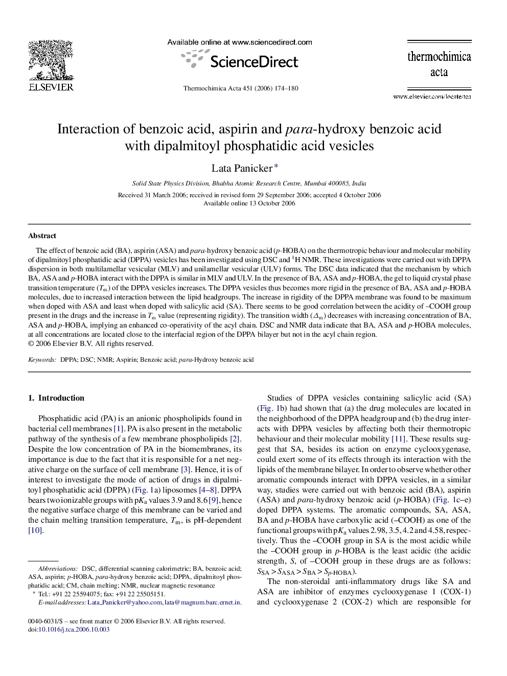 Interaction of benzoic acid, aspirin and para-hydroxy benzoic acid with dipalmitoyl phosphatidic acid vesicles