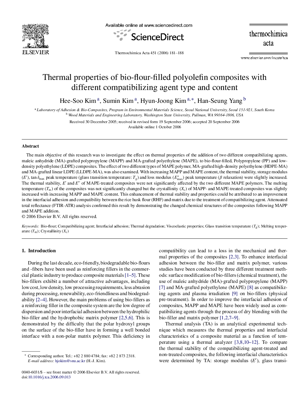 Thermal properties of bio-flour-filled polyolefin composites with different compatibilizing agent type and content