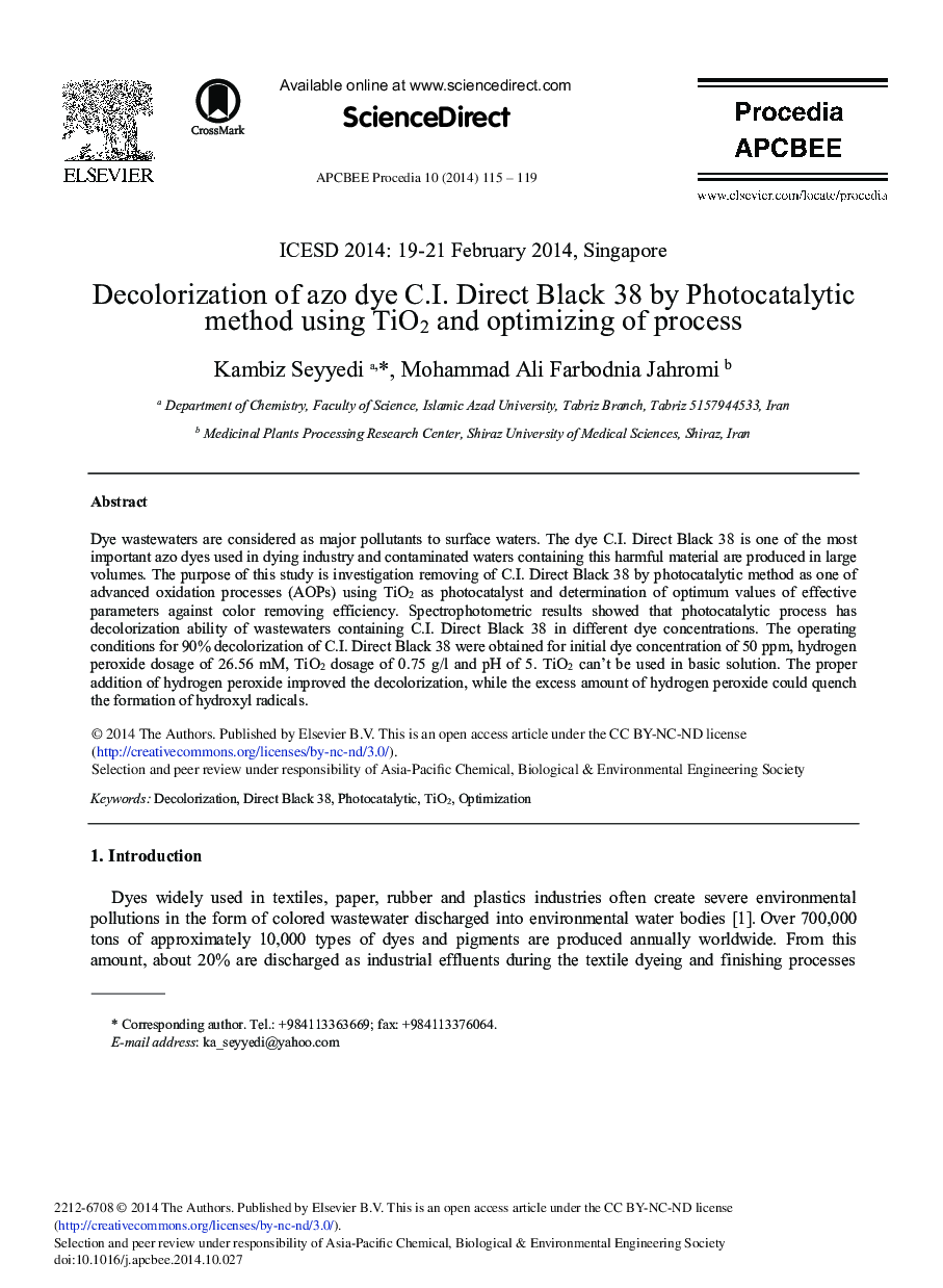 Decolorization of Azo Dye C.I. Direct Black 38 by Photocatalytic Method Using TiO2 and Optimizing of Process 