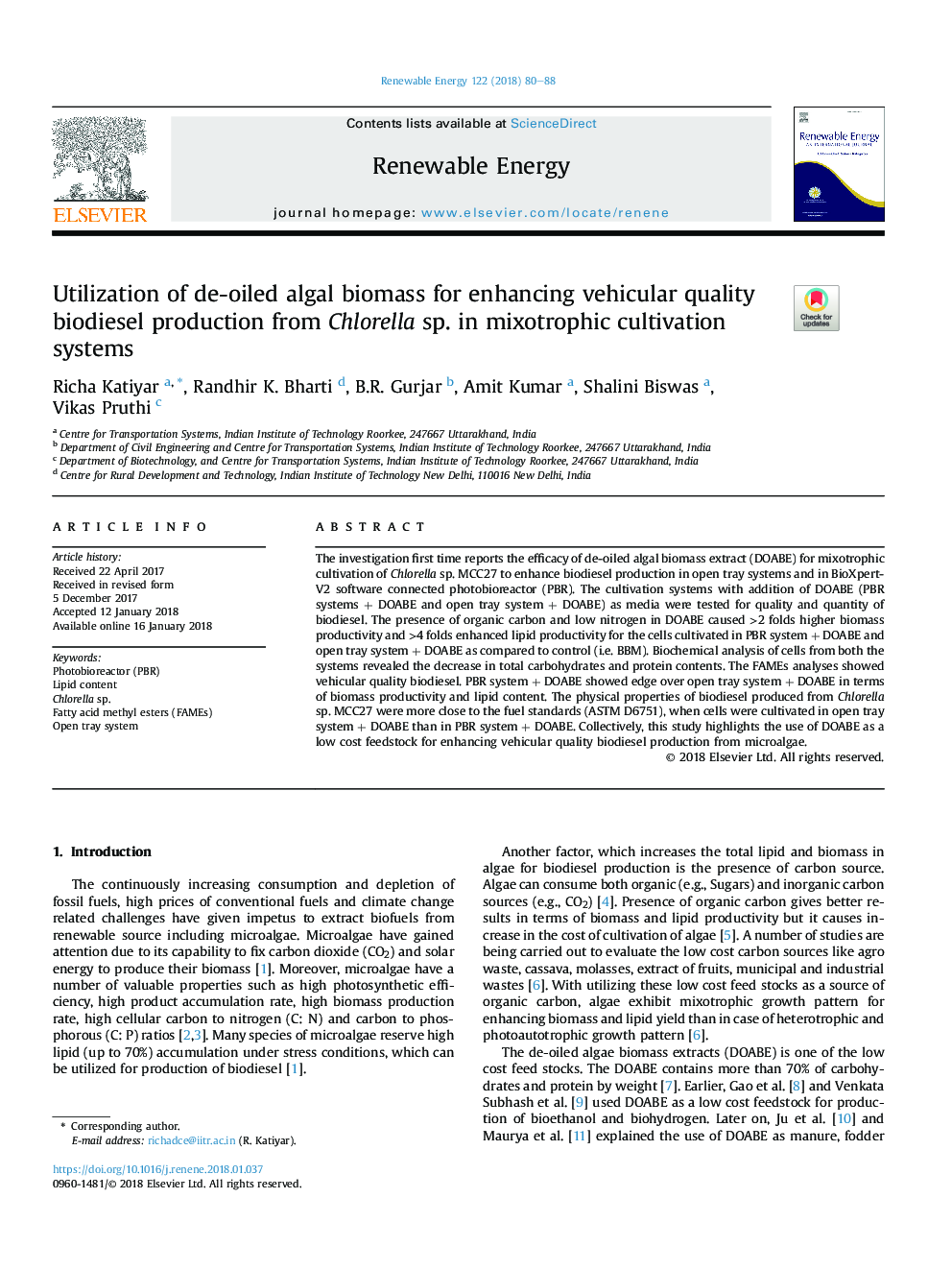 Utilization of de-oiled algal biomass for enhancing vehicular quality biodiesel production from Chlorella sp. in mixotrophic cultivation systems