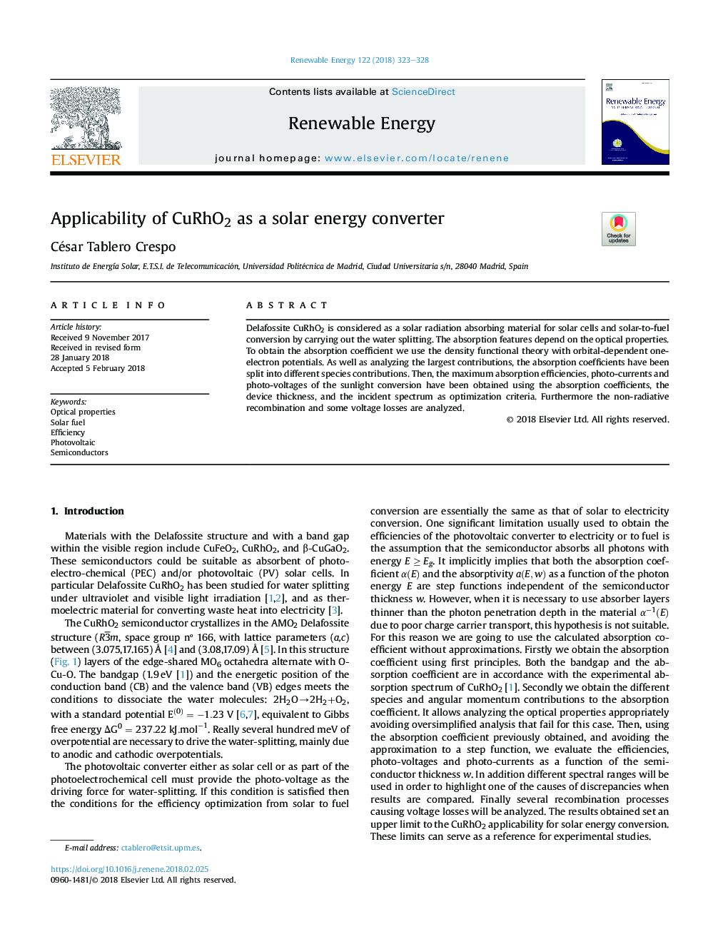 Applicability of CuRhO2 as a solar energy converter