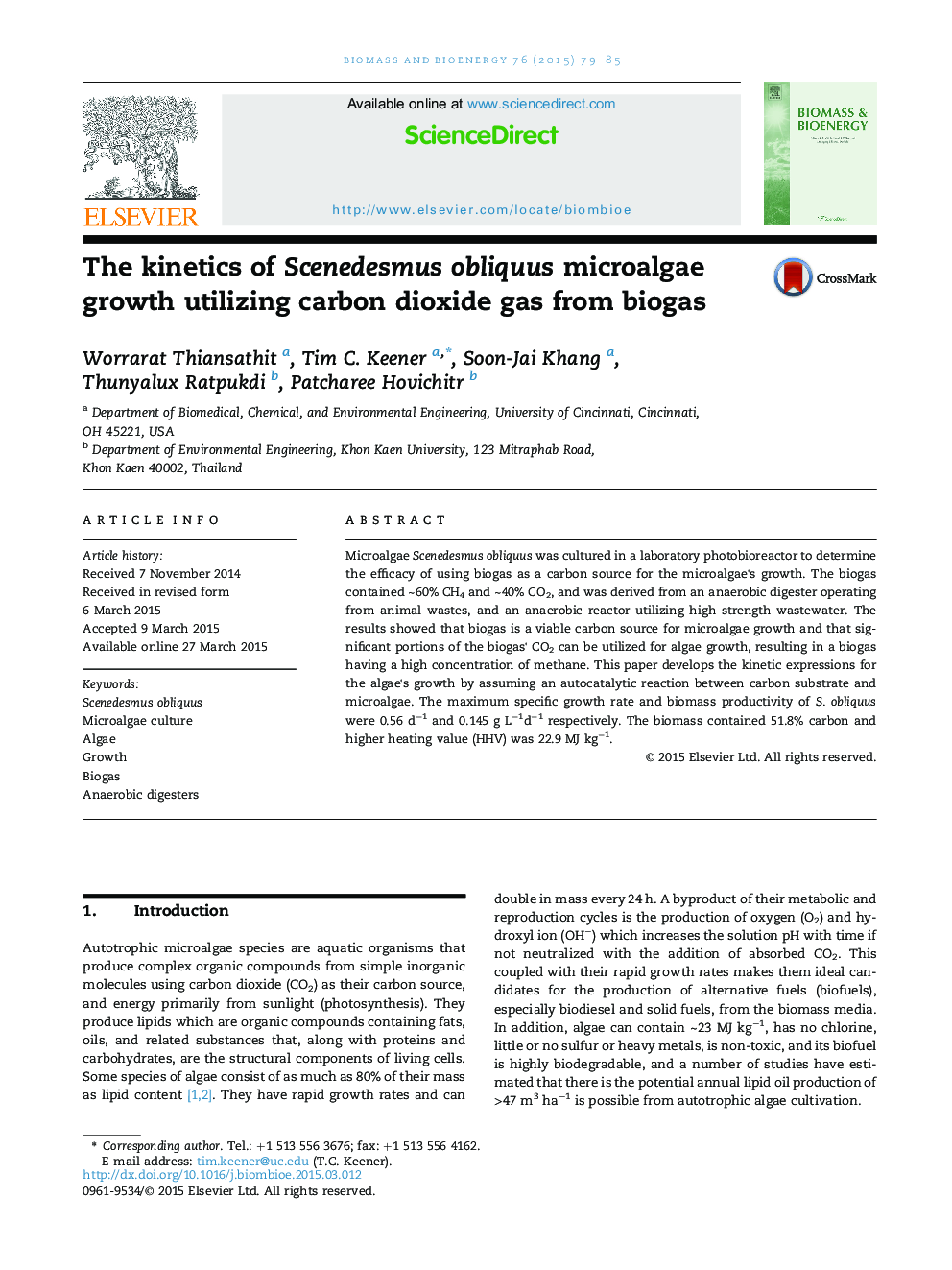 The kinetics of Scenedesmus obliquus microalgae growth utilizing carbon dioxide gas from biogas