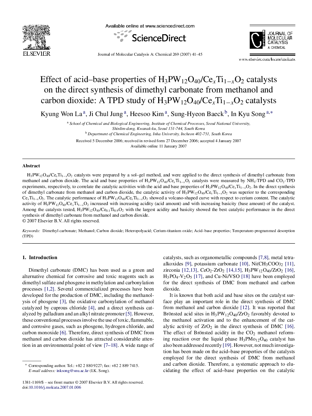 Effect of acid–base properties of H3PW12O40/CexTi1−xO2 catalysts on the direct synthesis of dimethyl carbonate from methanol and carbon dioxide: A TPD study of H3PW12O40/CexTi1−xO2 catalysts