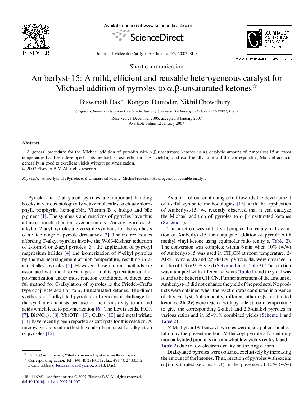 Amberlyst-15: A mild, efficient and reusable heterogeneous catalyst for Michael addition of pyrroles to α,β-unsaturated ketones 