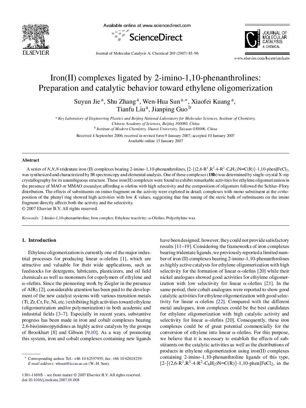 Iron(II) complexes ligated by 2-imino-1,10-phenanthrolines: Preparation and catalytic behavior toward ethylene oligomerization