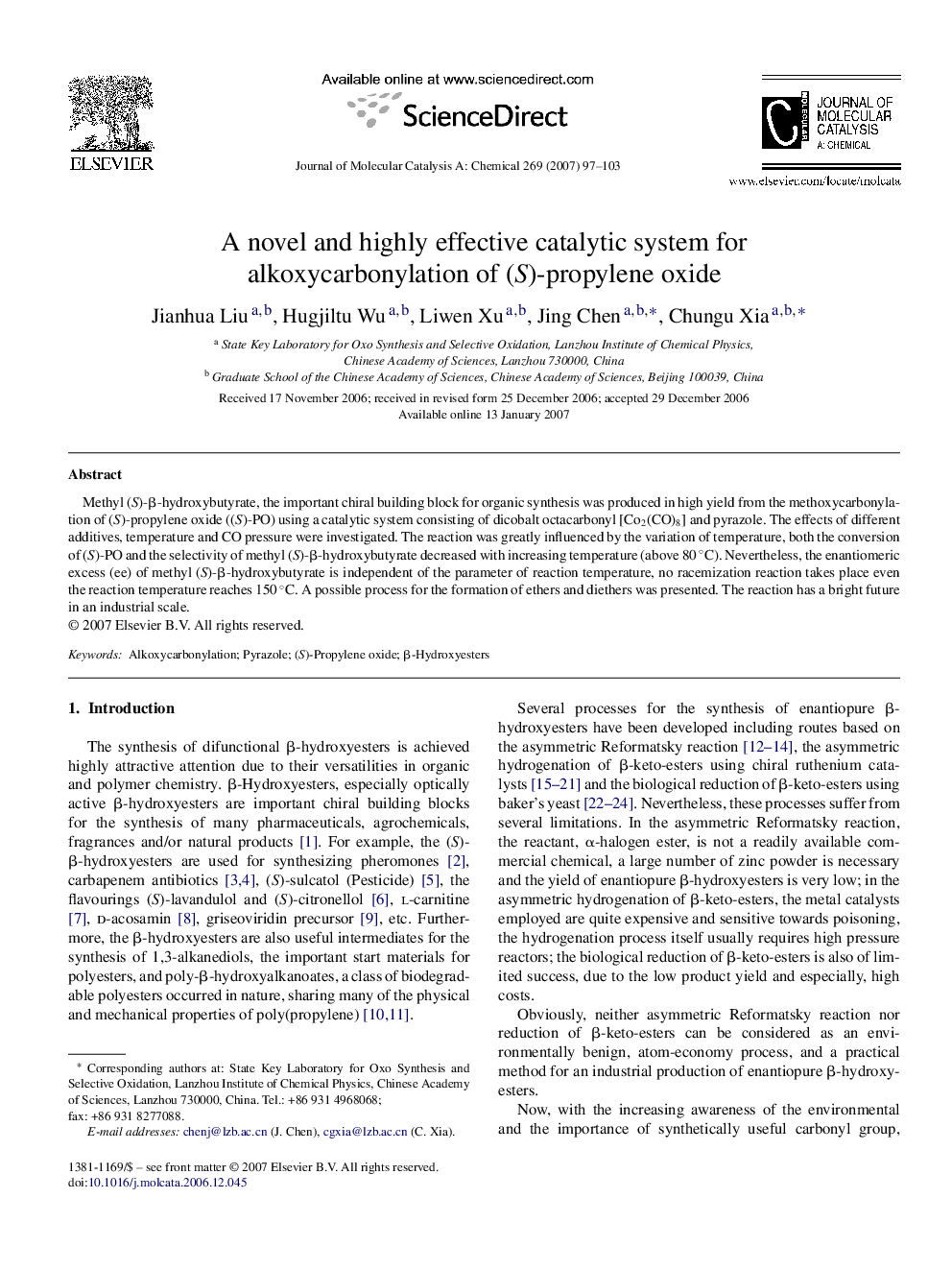 A novel and highly effective catalytic system for alkoxycarbonylation of (S)-propylene oxide