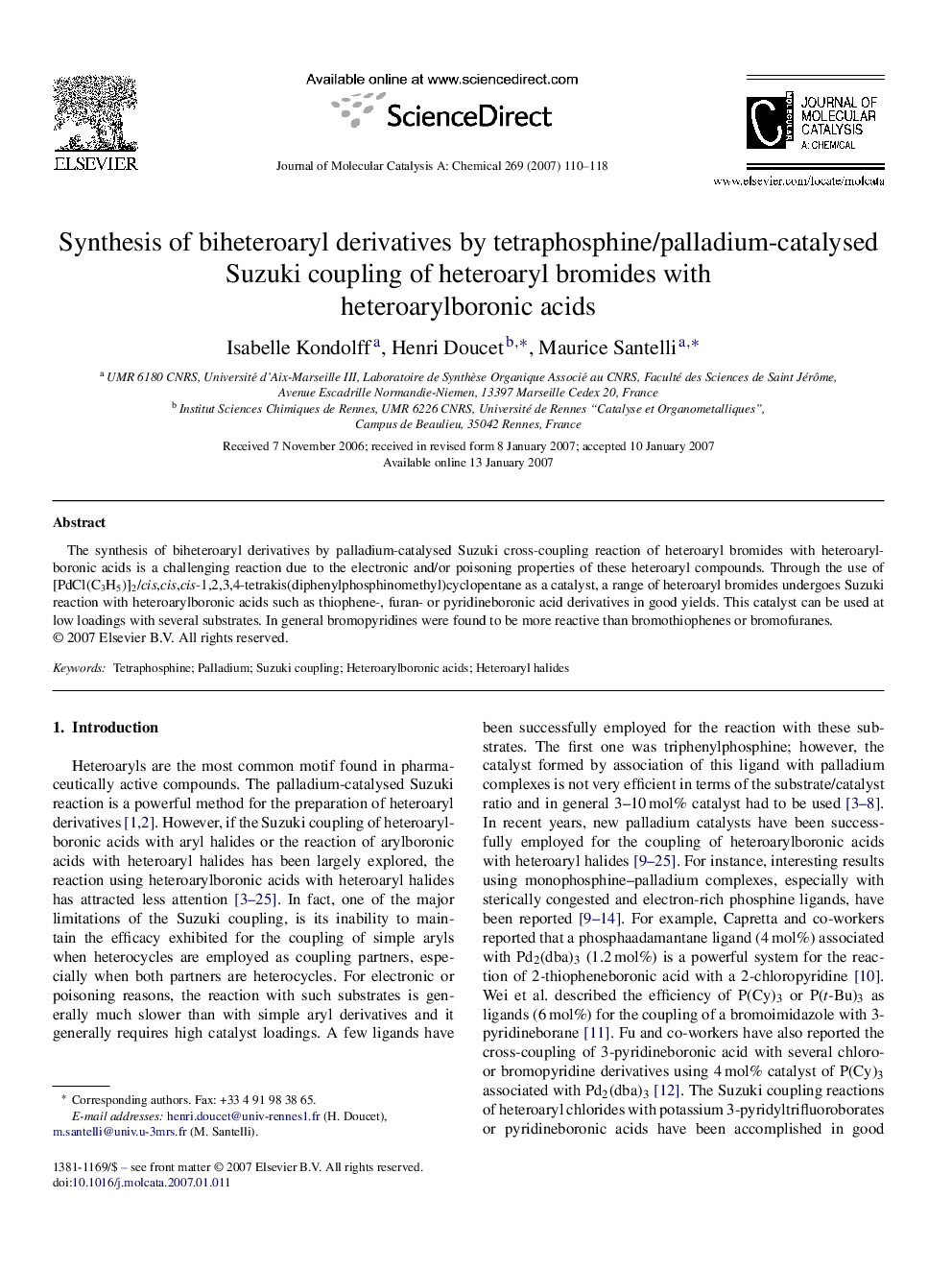 Synthesis of biheteroaryl derivatives by tetraphosphine/palladium-catalysed Suzuki coupling of heteroaryl bromides with heteroarylboronic acids