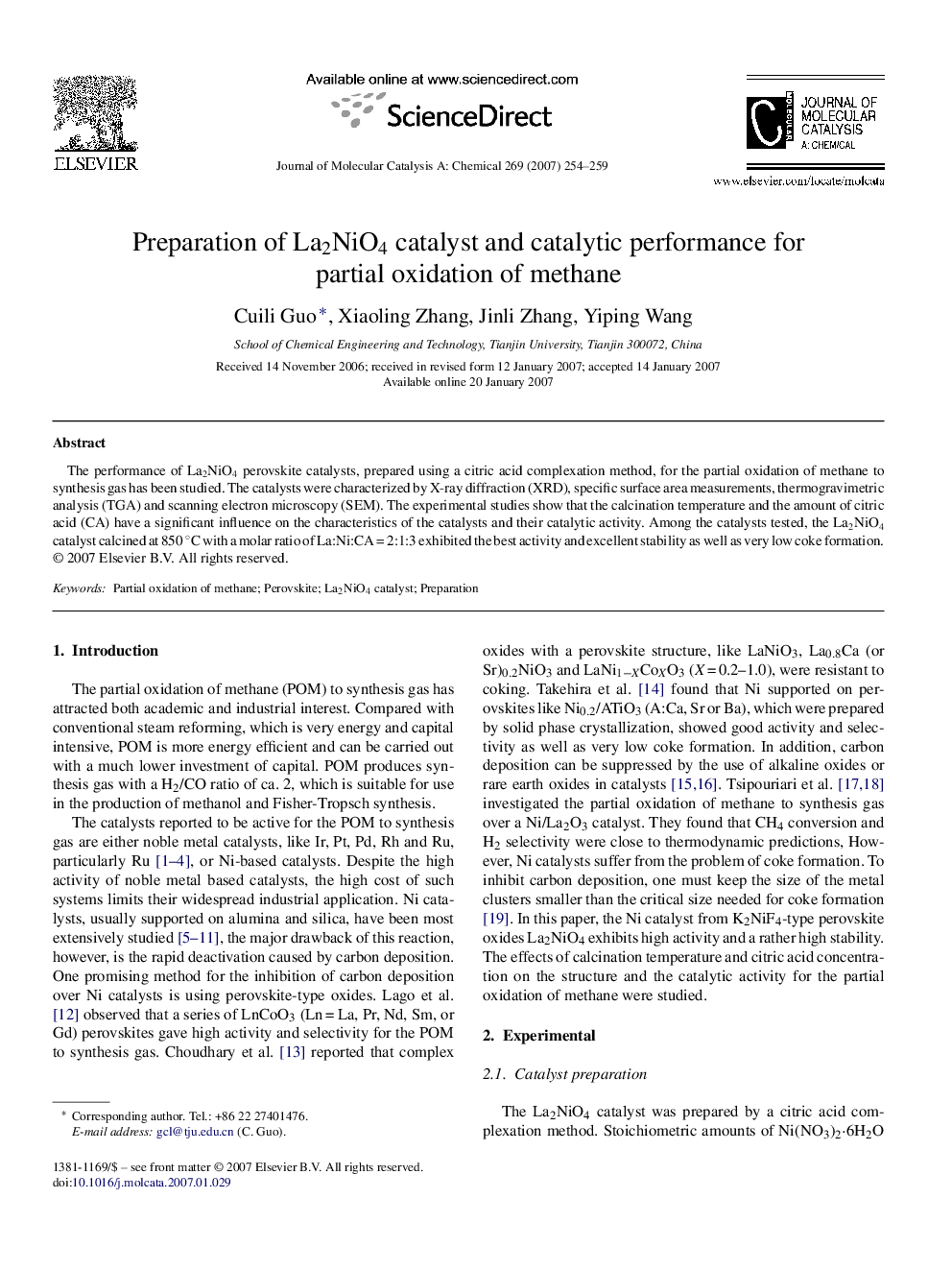 Preparation of La2NiO4 catalyst and catalytic performance for partial oxidation of methane