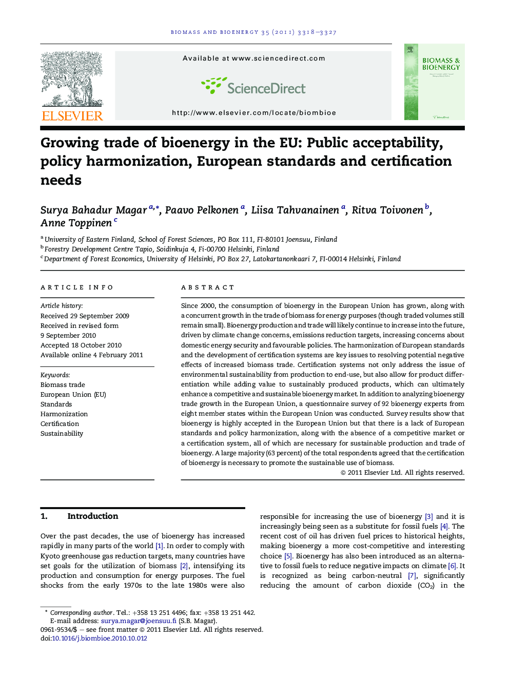 Growing trade of bioenergy in the EU: Public acceptability, policy harmonization, European standards and certification needs