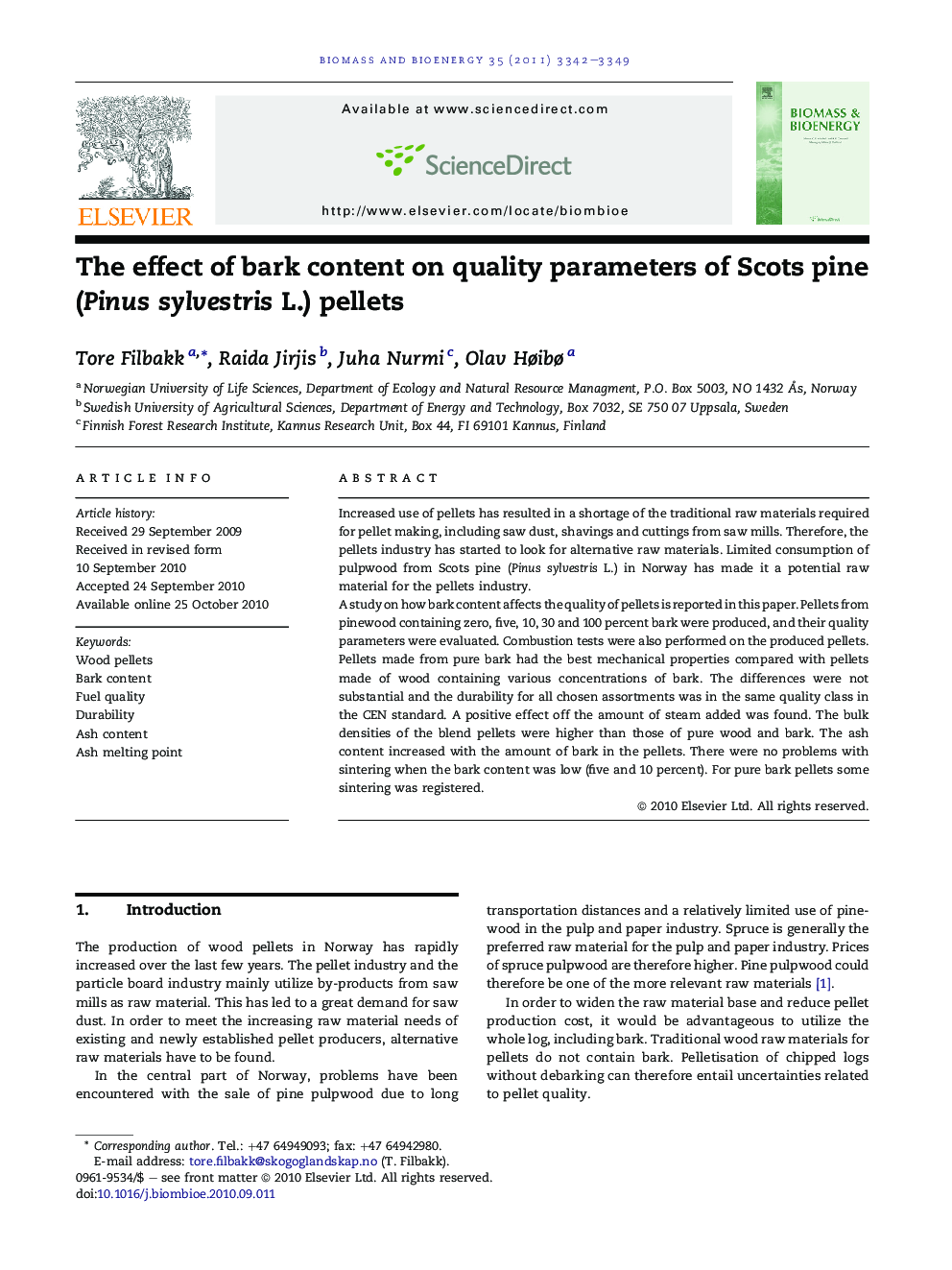The effect of bark content on quality parameters of Scots pine (Pinus sylvestris L.) pellets