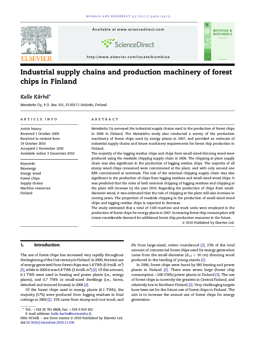 Industrial supply chains and production machinery of forest chips in Finland