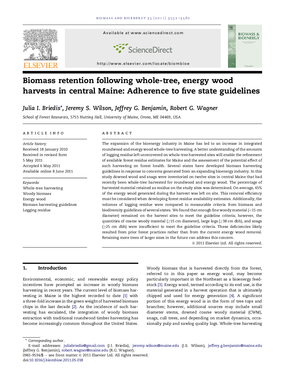 Biomass retention following whole-tree, energy wood harvests in central Maine: Adherence to five state guidelines