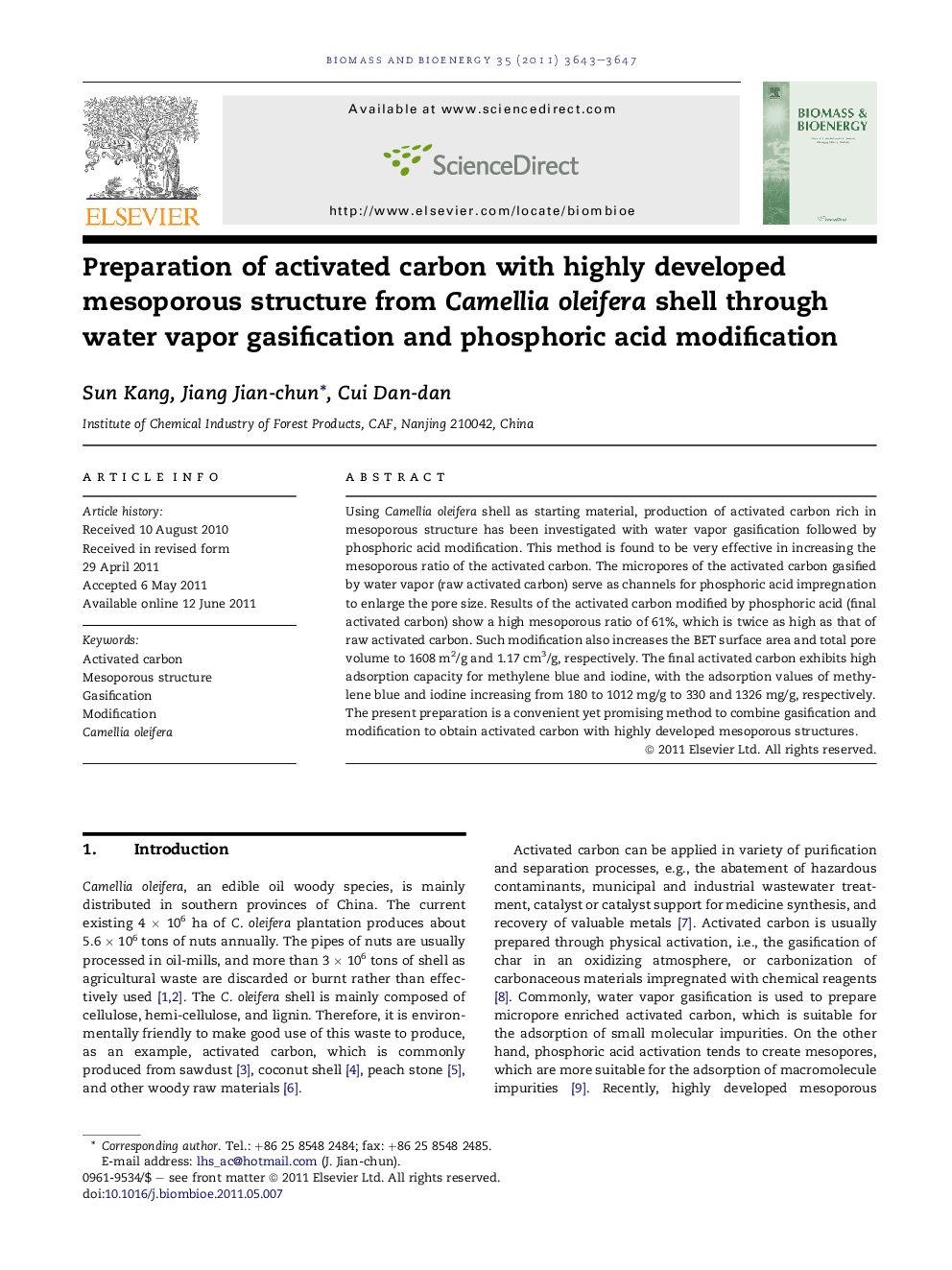 Preparation of activated carbon with highly developed mesoporous structure from Camellia oleifera shell through water vapor gasification and phosphoric acid modification