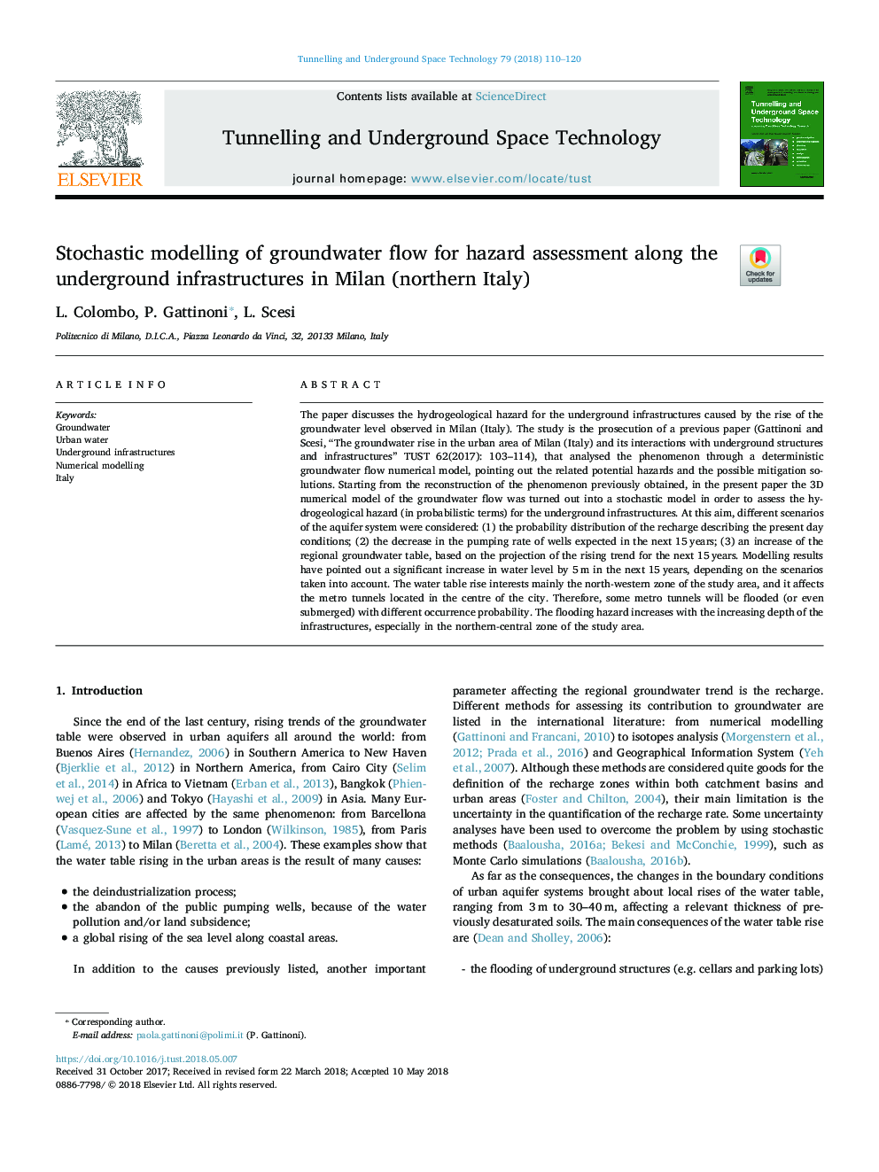 مدل سازی تصادفی جریان آب زیرزمینی برای ارزیابی خطر در امتداد زیرساخت های زیرزمینی در میلان (شمال ایتالیا) 