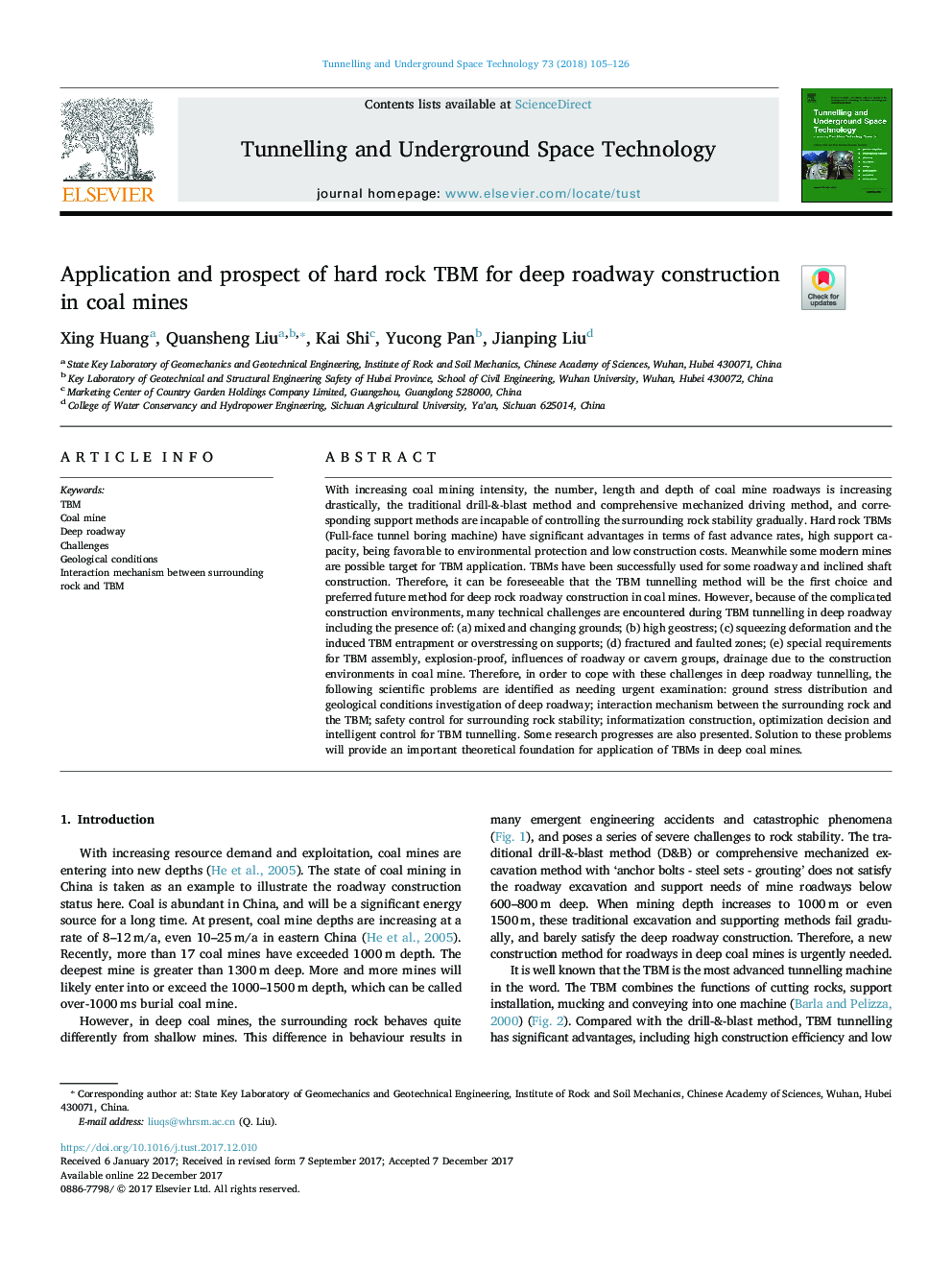 Application and prospect of hard rock TBM for deep roadway construction in coal mines