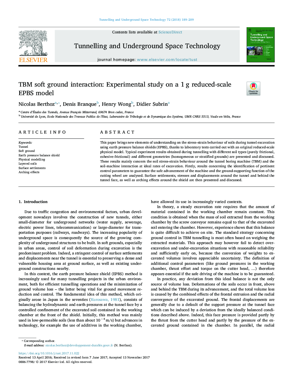 TBM soft ground interaction: Experimental study on a 1â¯g reduced-scale EPBS model