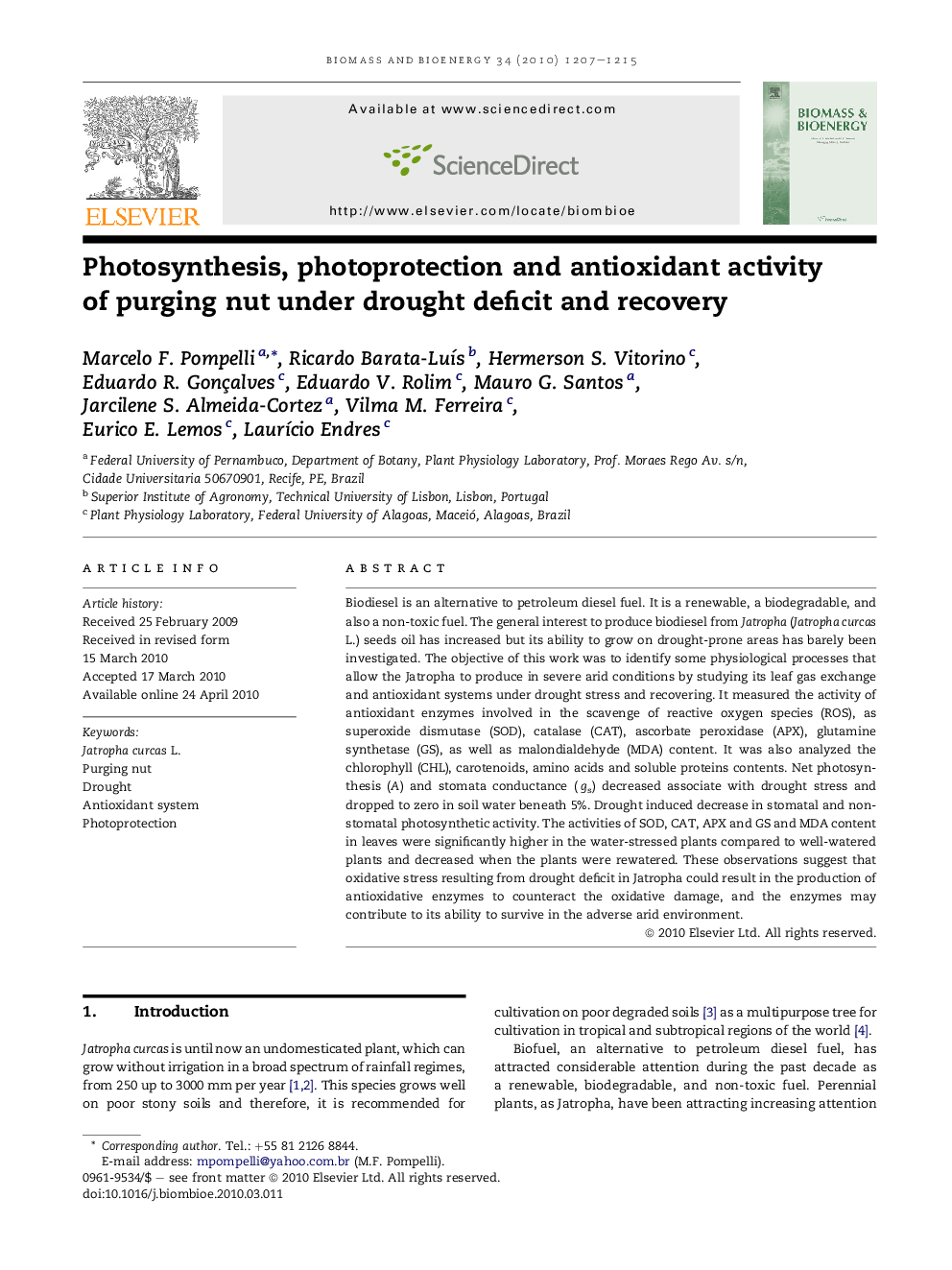 Photosynthesis, photoprotection and antioxidant activity of purging nut under drought deficit and recovery