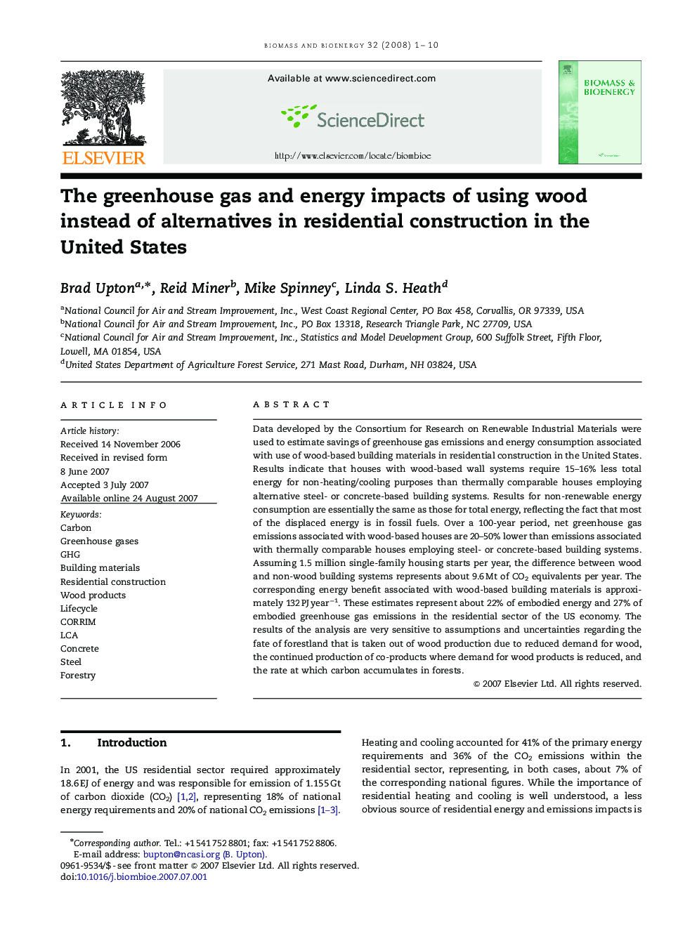 The greenhouse gas and energy impacts of using wood instead of alternatives in residential construction in the United States