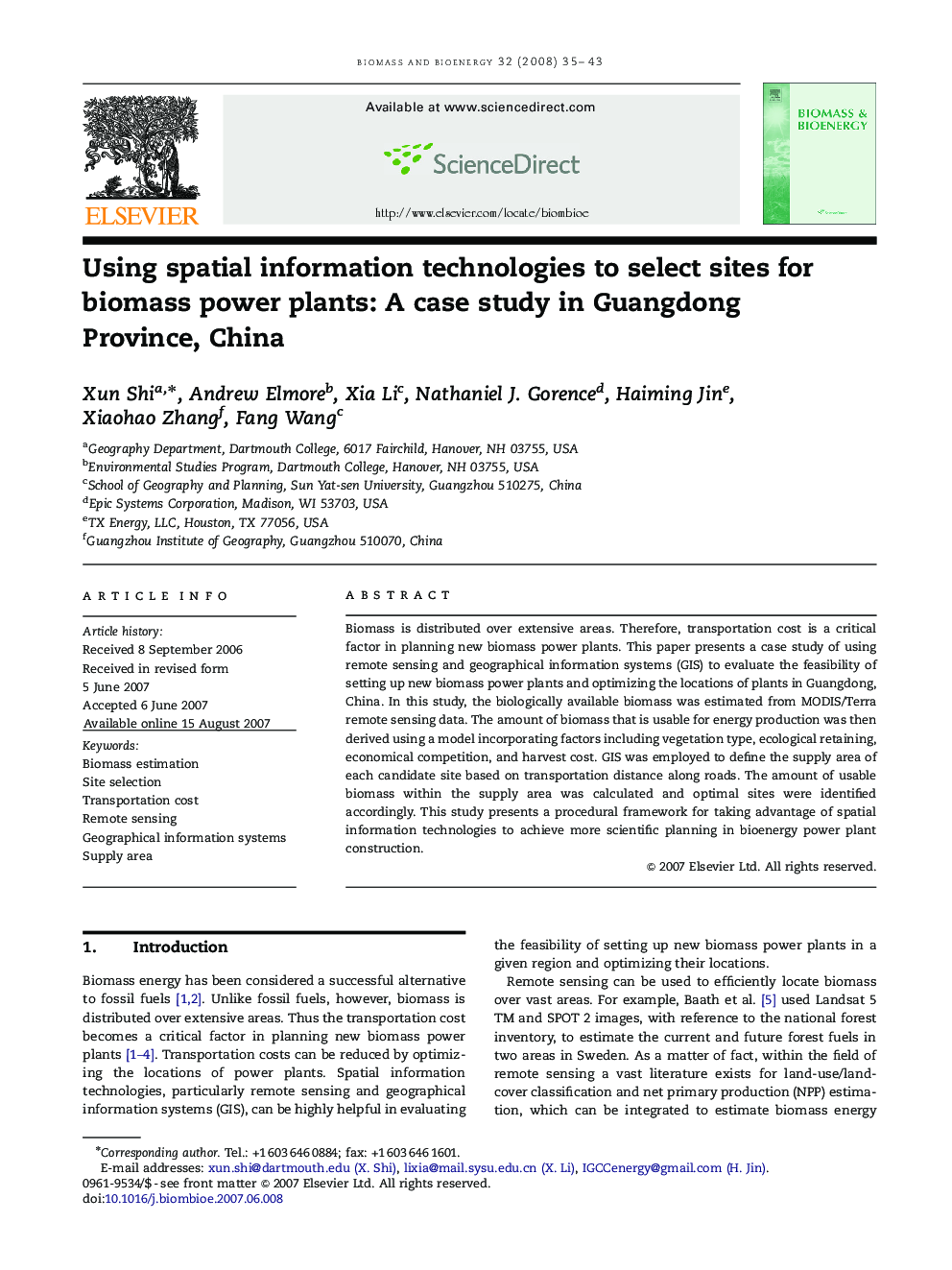 Using spatial information technologies to select sites for biomass power plants: A case study in Guangdong Province, China