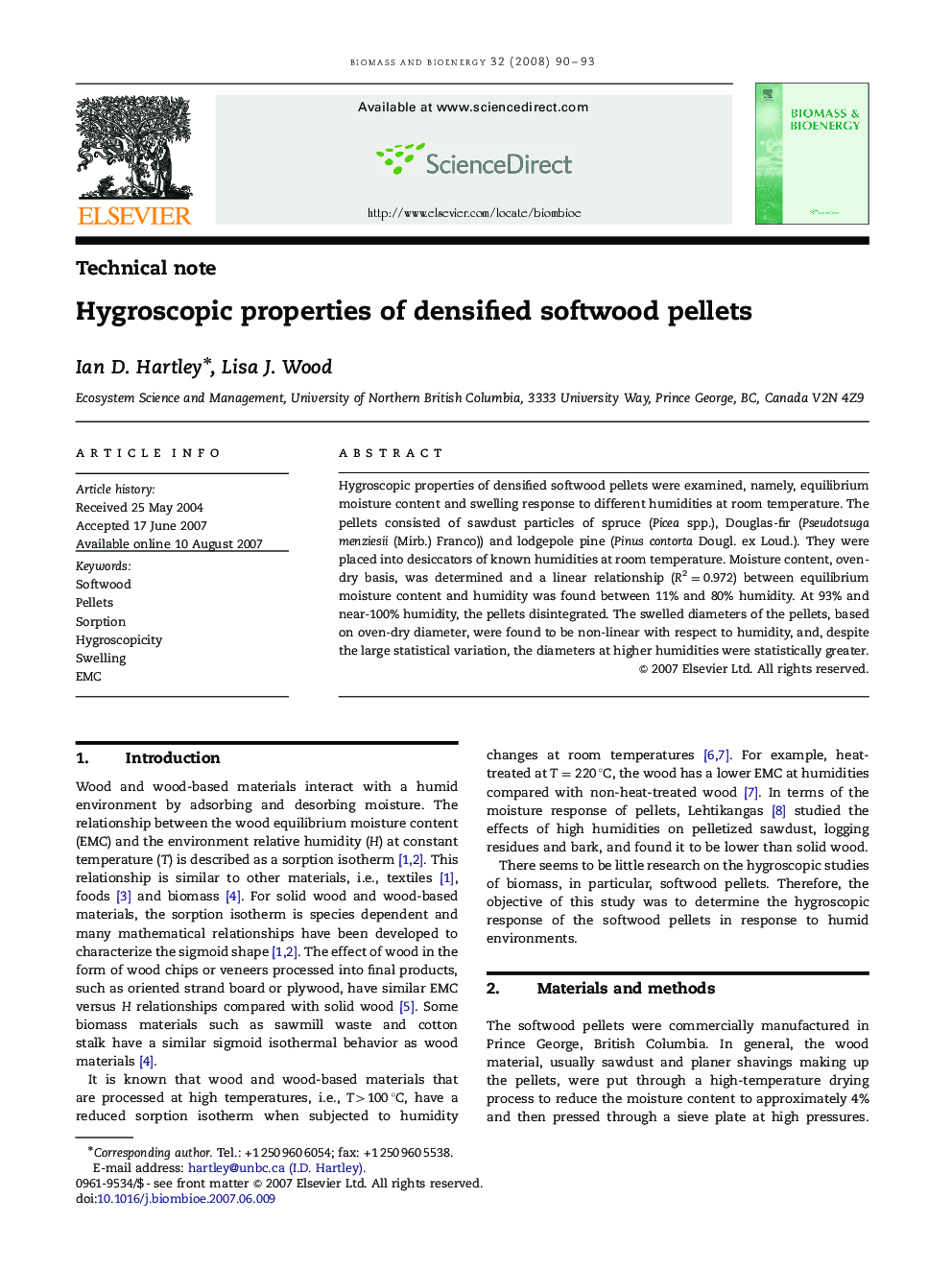 Hygroscopic properties of densified softwood pellets