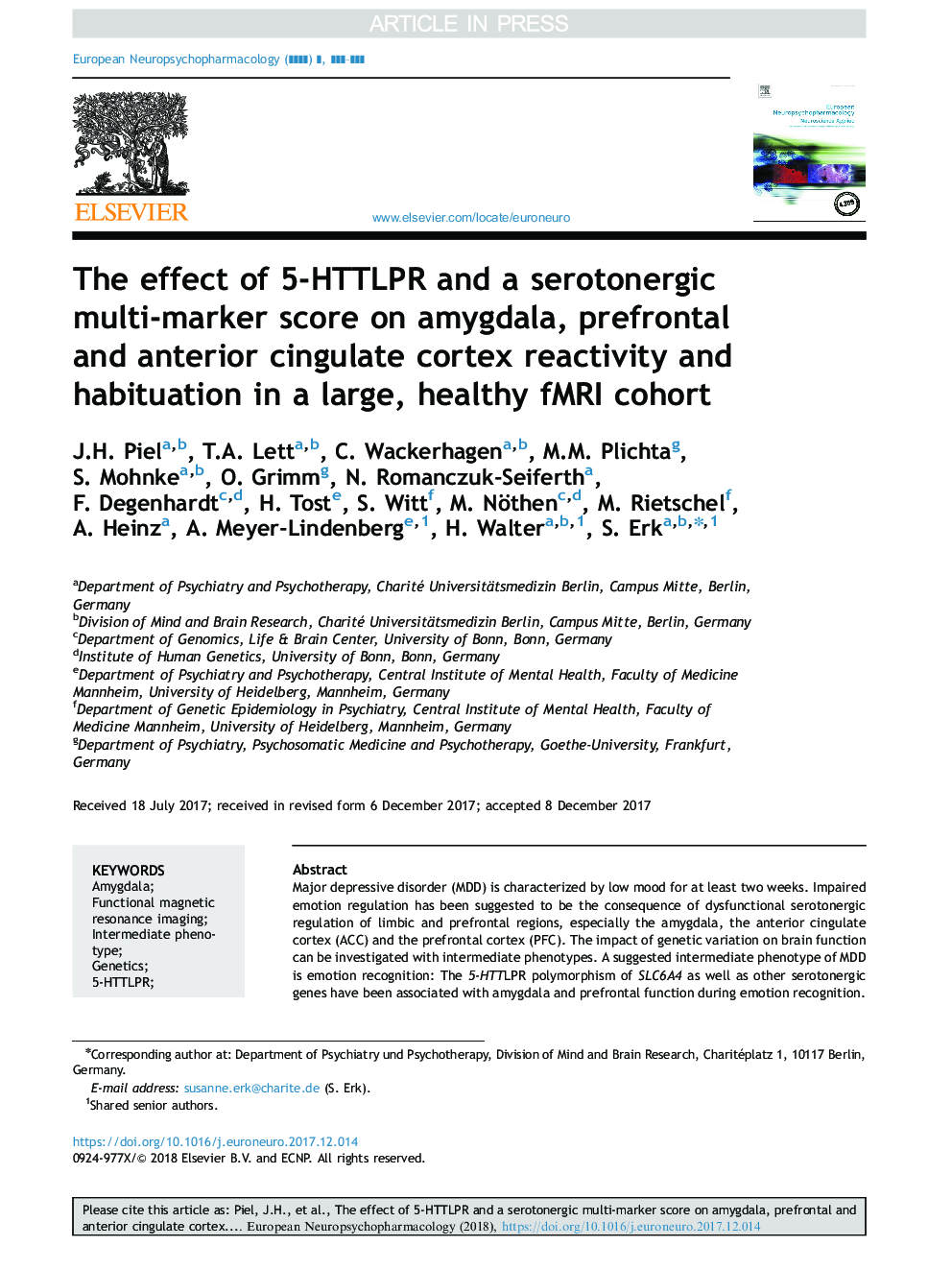 The effect of 5-HTTLPR and a serotonergic multi-marker score on amygdala, prefrontal and anterior cingulate cortex reactivity and habituation in a large, healthy fMRI cohort