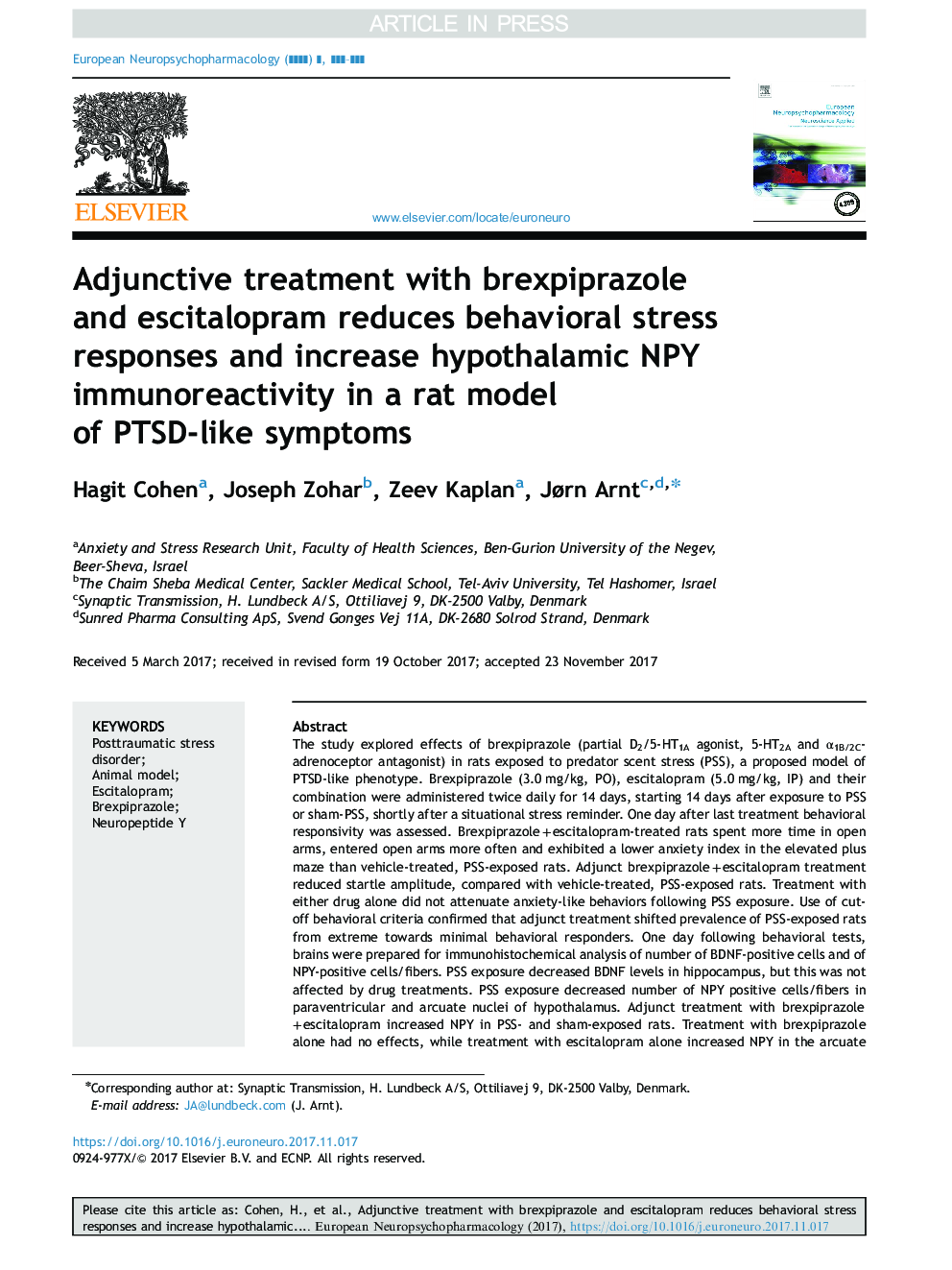 Adjunctive treatment with brexpiprazole and escitalopram reduces behavioral stress responses and increase hypothalamic NPY immunoreactivity in a rat model of PTSD-like symptoms