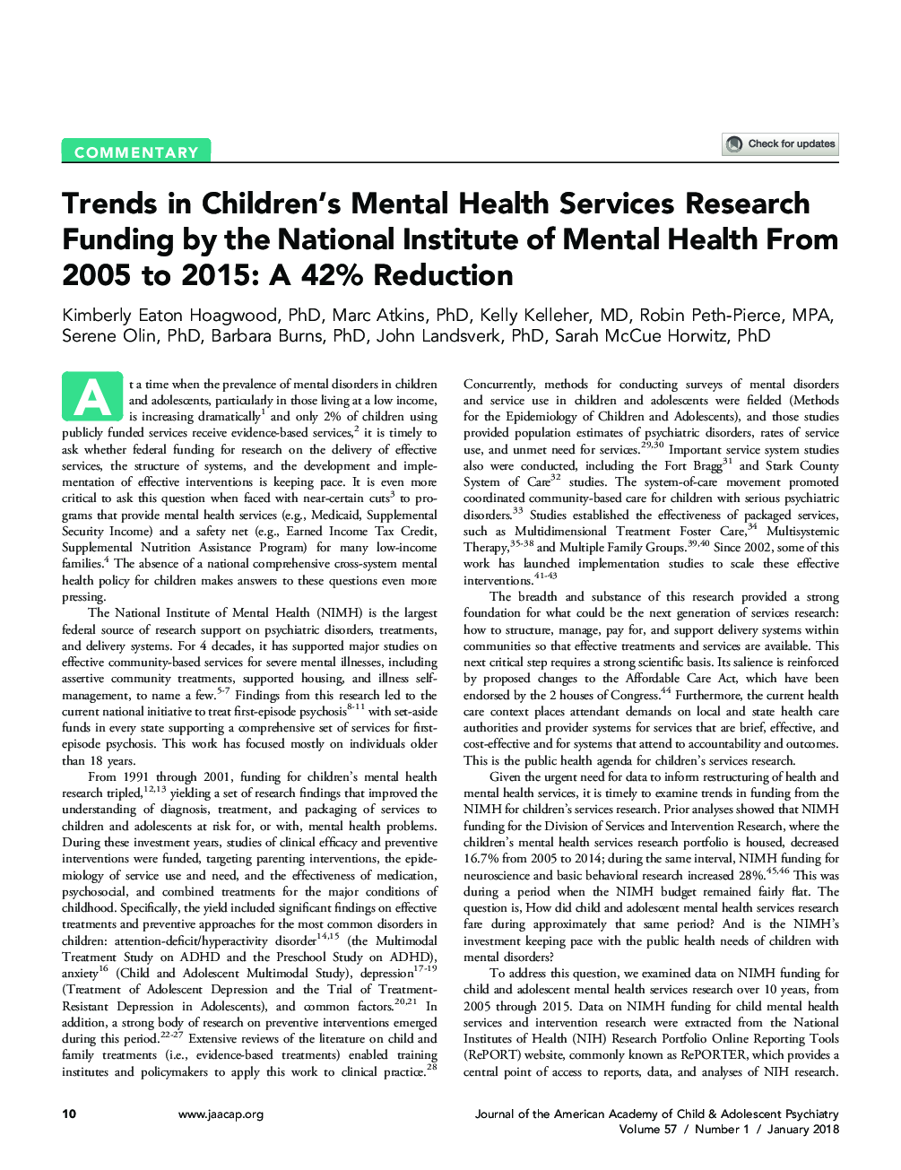 روند تحقیق در مورد خدمات تحقیقاتی خدمات بهداشت روان کودکان توسط موسسه ملی سلامت روان از 2005 تا 2015: کاهش 42 درصدی 