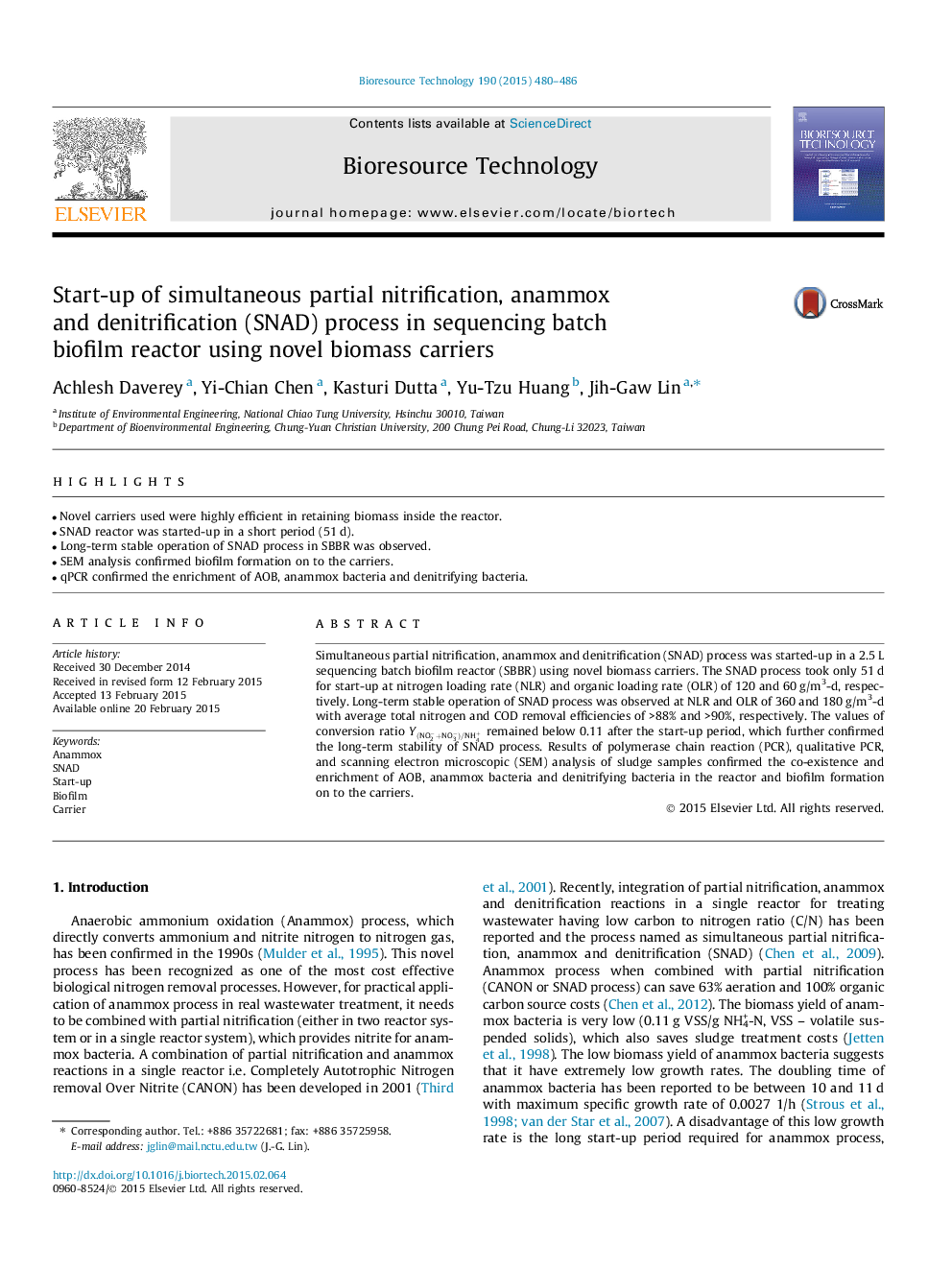 Start-up of simultaneous partial nitrification, anammox and denitrification (SNAD) process in sequencing batch biofilm reactor using novel biomass carriers