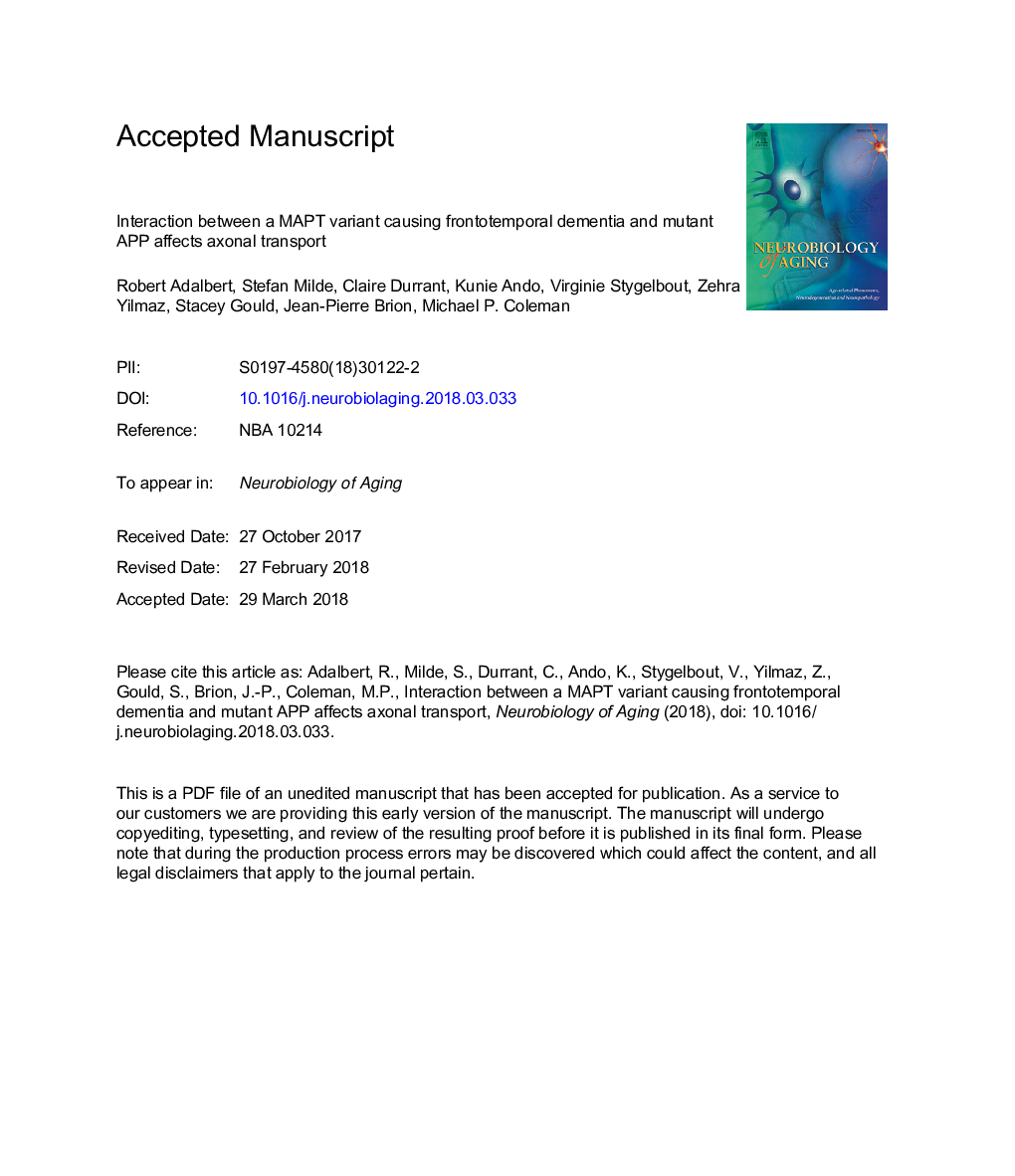 Interaction between a MAPT variant causing frontotemporal dementia and mutant APP affects axonal transport