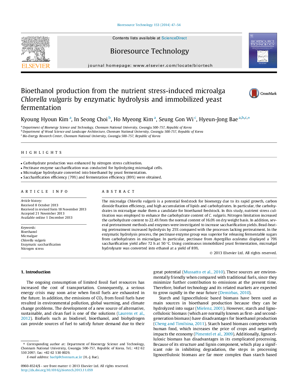 Bioethanol production from the nutrient stress-induced microalga Chlorella vulgaris by enzymatic hydrolysis and immobilized yeast fermentation