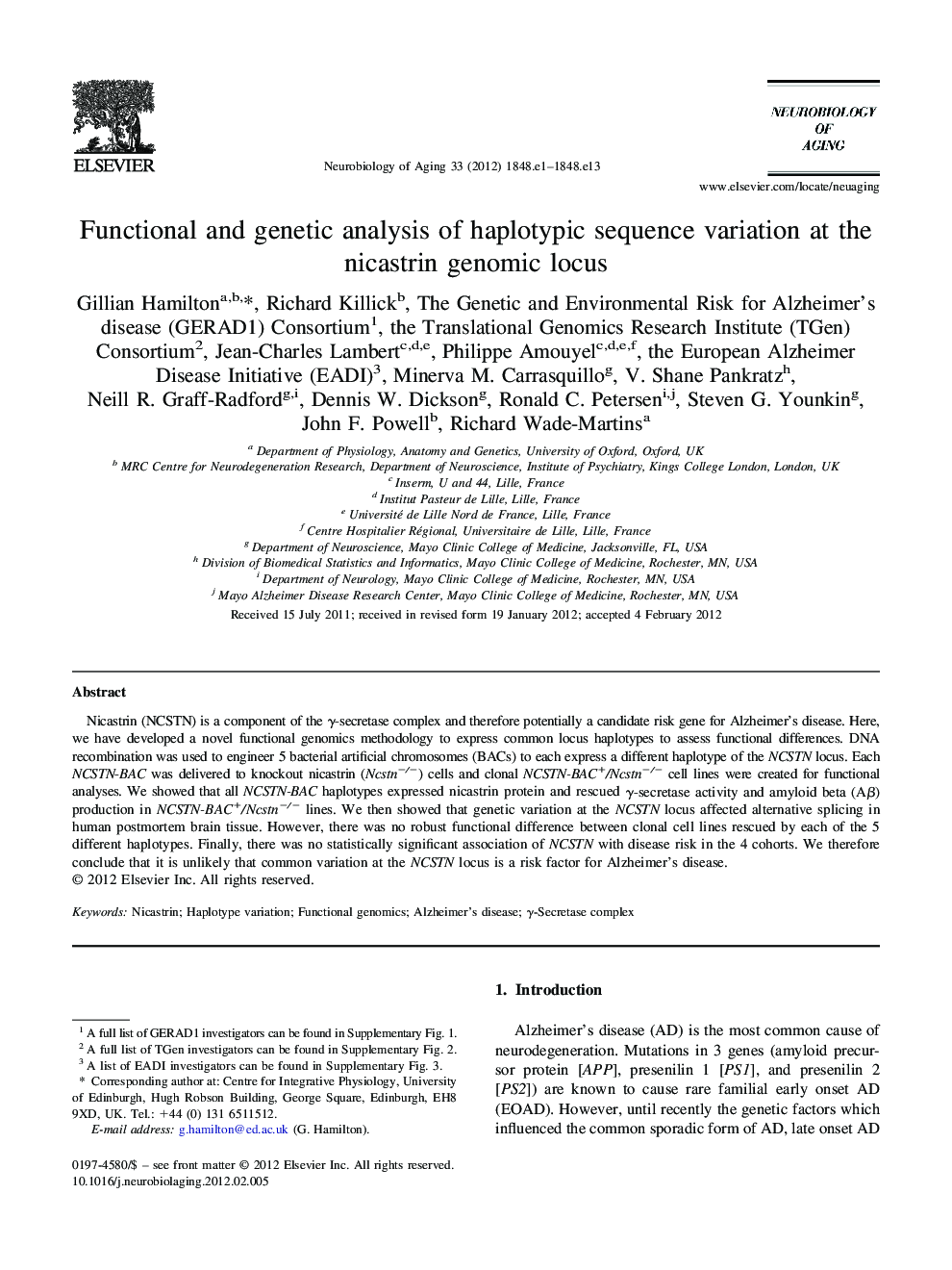Functional and genetic analysis of haplotypic sequence variation at the nicastrin genomic locus
