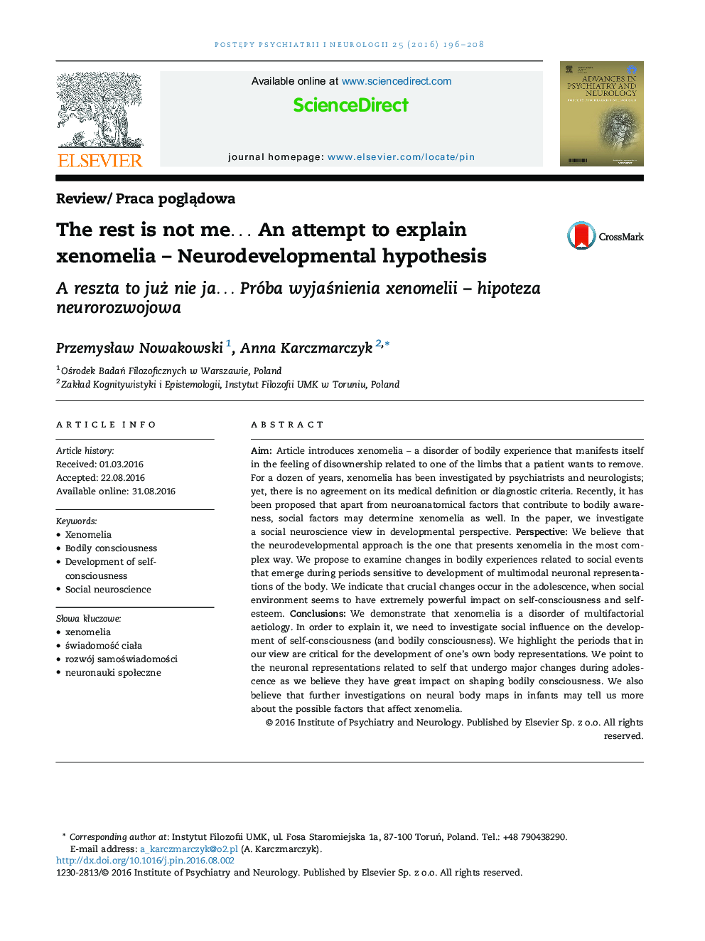 The rest is not meâ¦ An attempt to explain xenomelia - Neurodevelopmental hypothesis