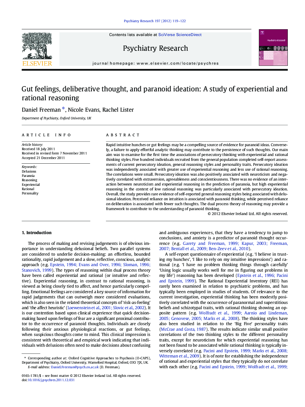 Gut feelings, deliberative thought, and paranoid ideation: A study of experiential and rational reasoning