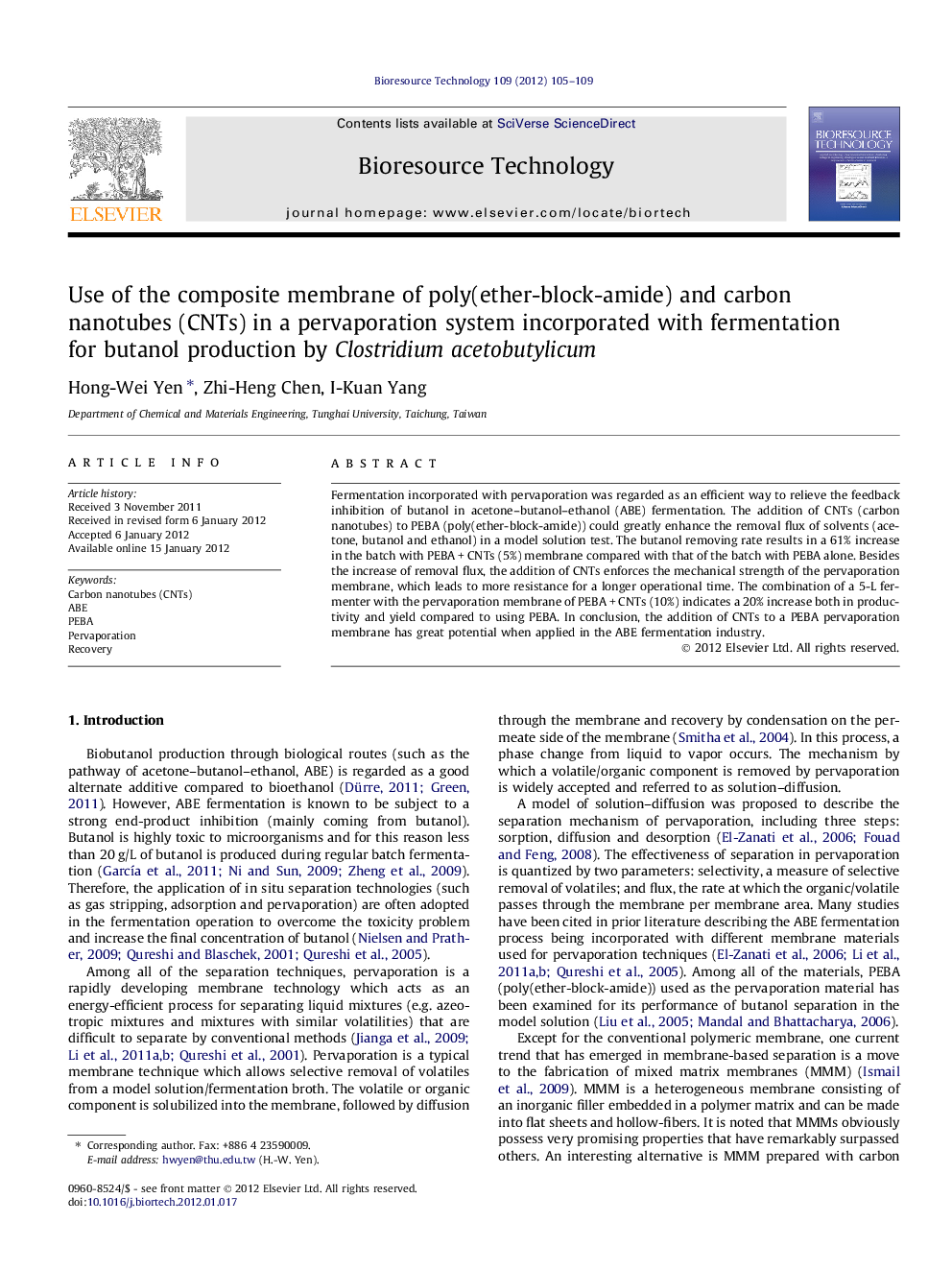 Use of the composite membrane of poly(ether-block-amide) and carbon nanotubes (CNTs) in a pervaporation system incorporated with fermentation for butanol production by Clostridium acetobutylicum