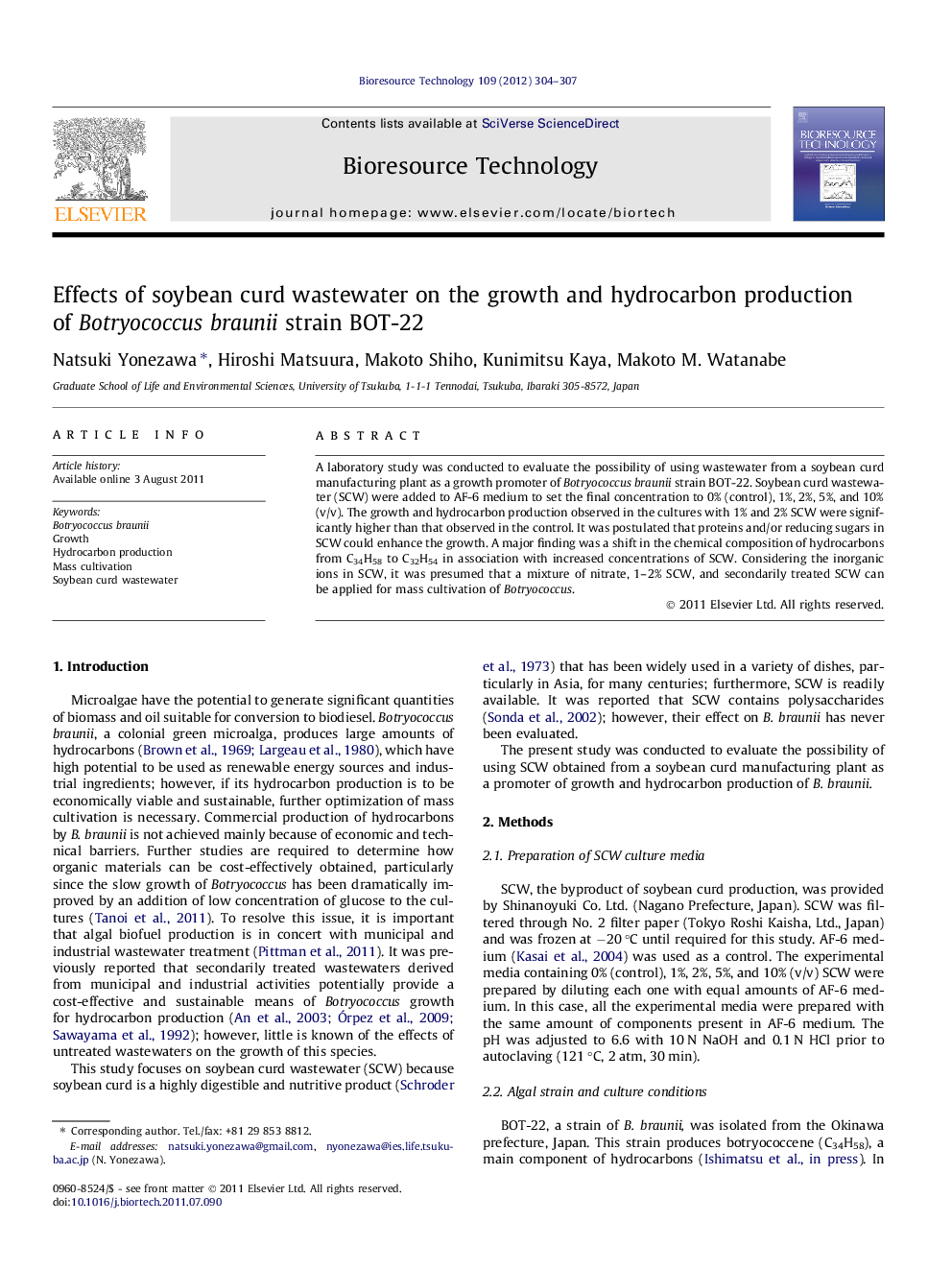 Effects of soybean curd wastewater on the growth and hydrocarbon production of Botryococcus braunii strain BOT-22