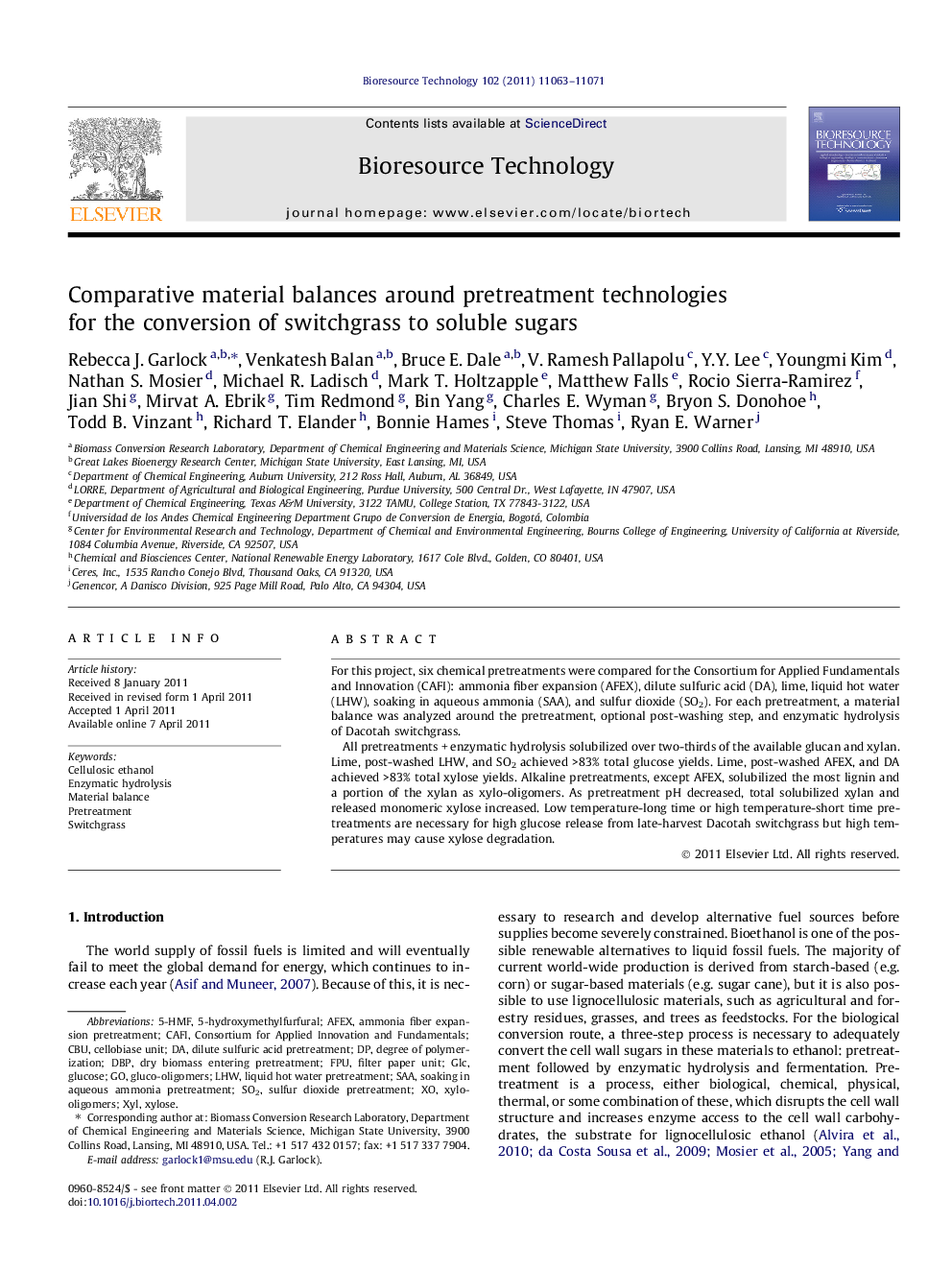 Comparative material balances around pretreatment technologies for the conversion of switchgrass to soluble sugars