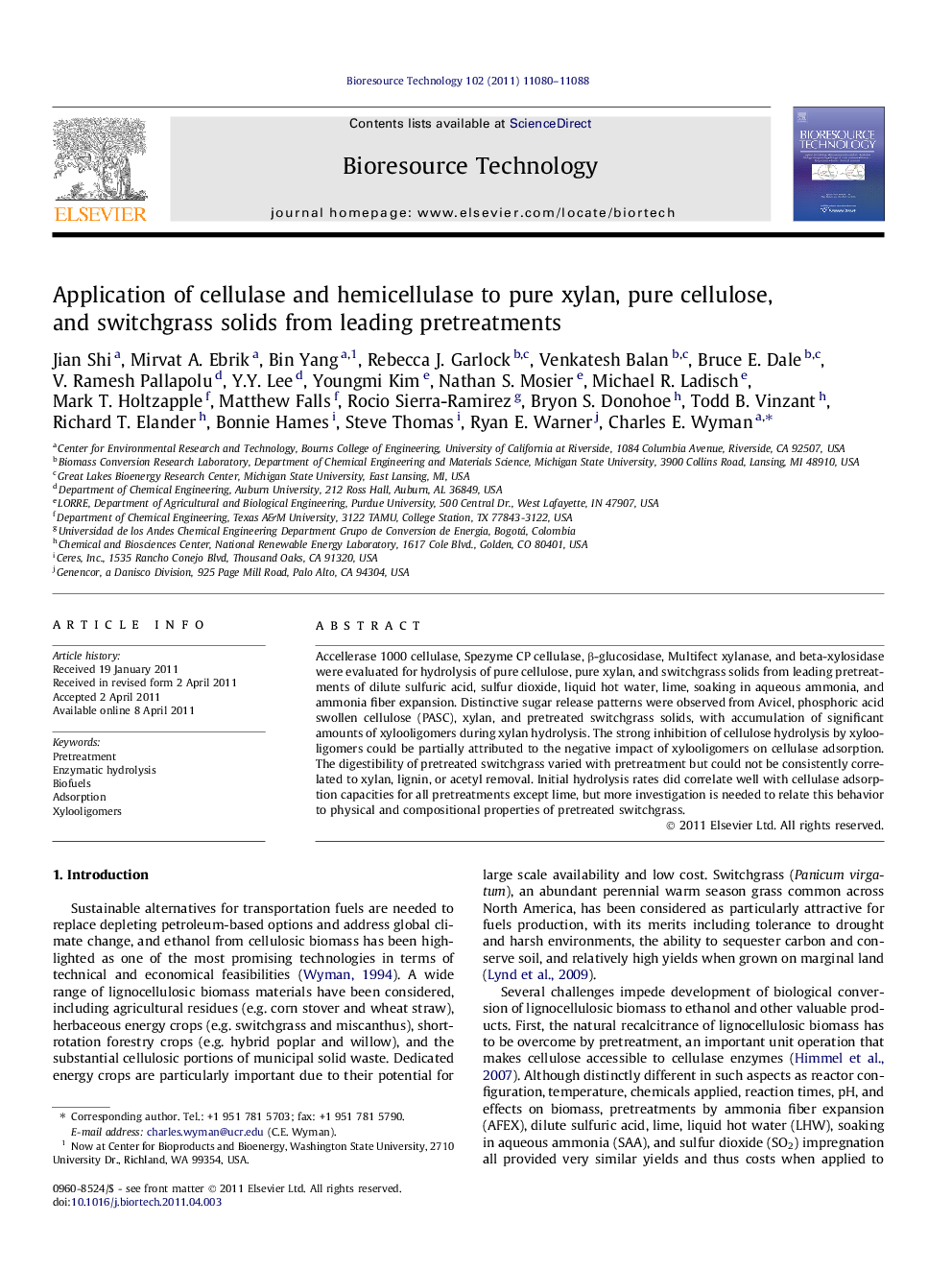 Application of cellulase and hemicellulase to pure xylan, pure cellulose, and switchgrass solids from leading pretreatments