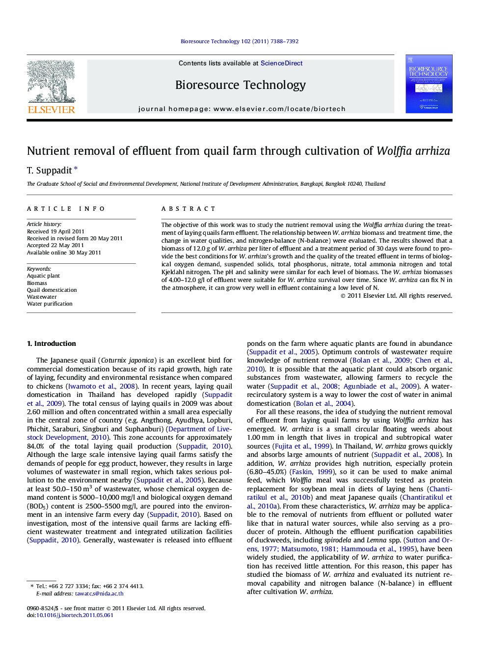 Nutrient removal of effluent from quail farm through cultivation of Wolffia arrhiza