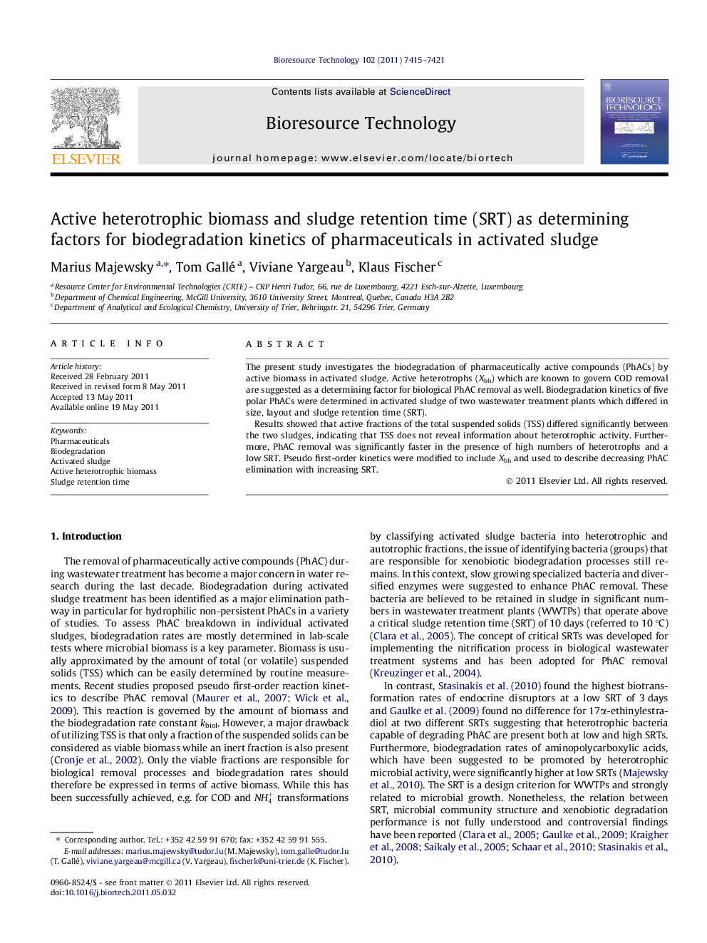 Active heterotrophic biomass and sludge retention time (SRT) as determining factors for biodegradation kinetics of pharmaceuticals in activated sludge