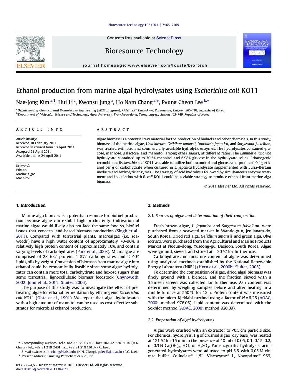 Ethanol production from marine algal hydrolysates using Escherichia coli KO11