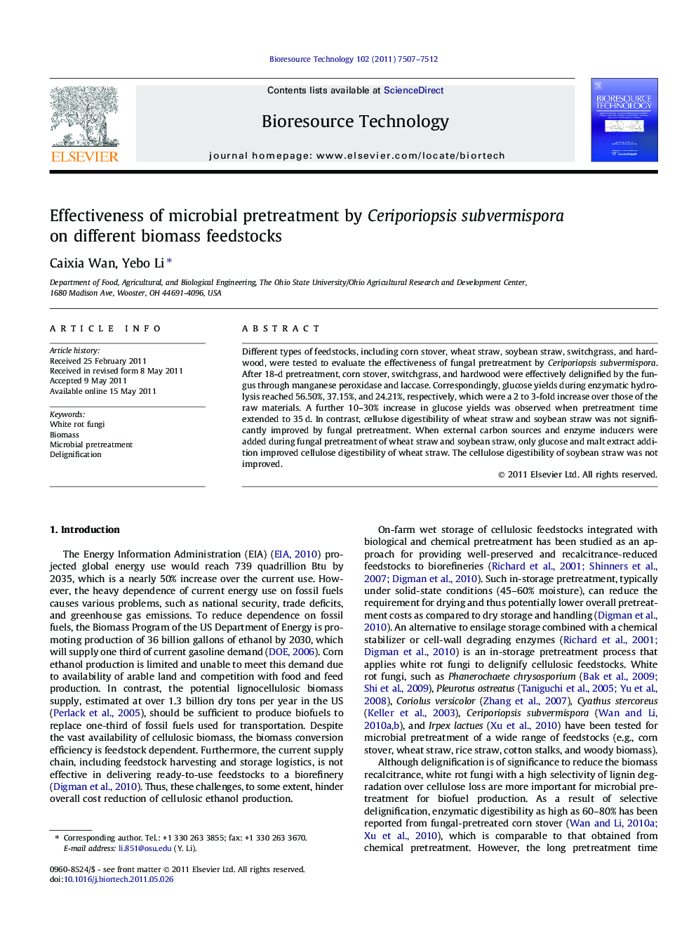 Effectiveness of microbial pretreatment by Ceriporiopsis subvermispora on different biomass feedstocks